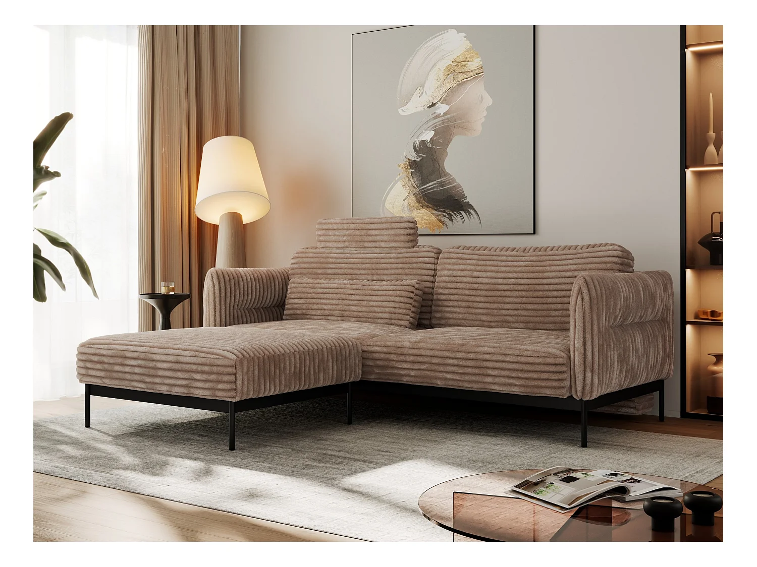 Ecksofa SALENTO - mit Metallbeine, Schlafsofa, mobilen Fußhocker, lose Kissen - Braun Cord