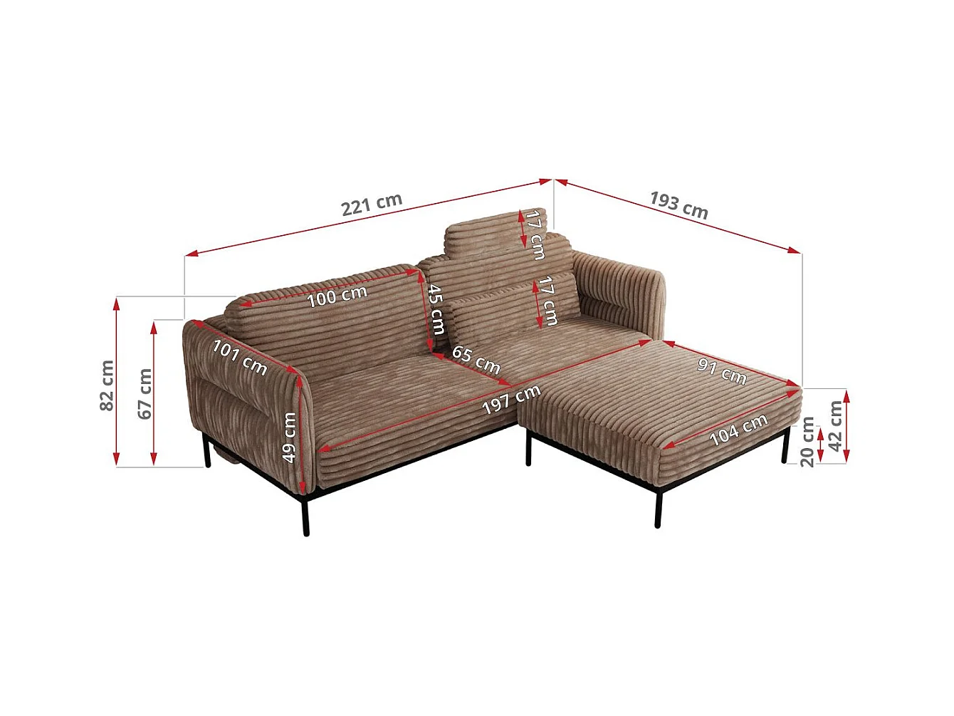 Ecksofa SALENTO - mit Metallbeine, Schlafsofa, mobilen Fußhocker, lose Kissen - Braun Cord