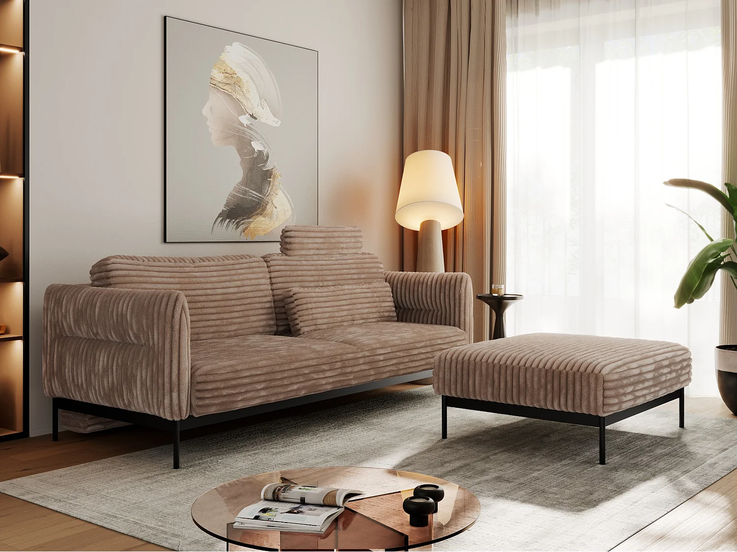 Ecksofa SALENTO - mit Metallbeine, Schlafsofa, mobilen Fußhocker, lose Kissen - Braun Cord