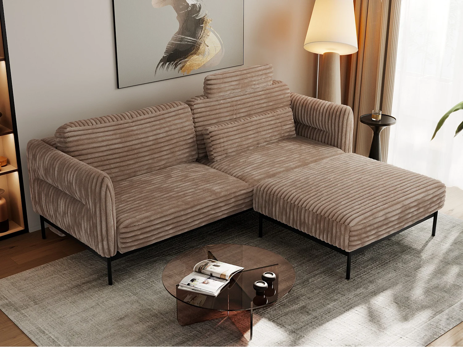 Ecksofa SALENTO - mit Metallbeine, Schlafsofa, mobilen Fußhocker, lose Kissen - Braun Cord