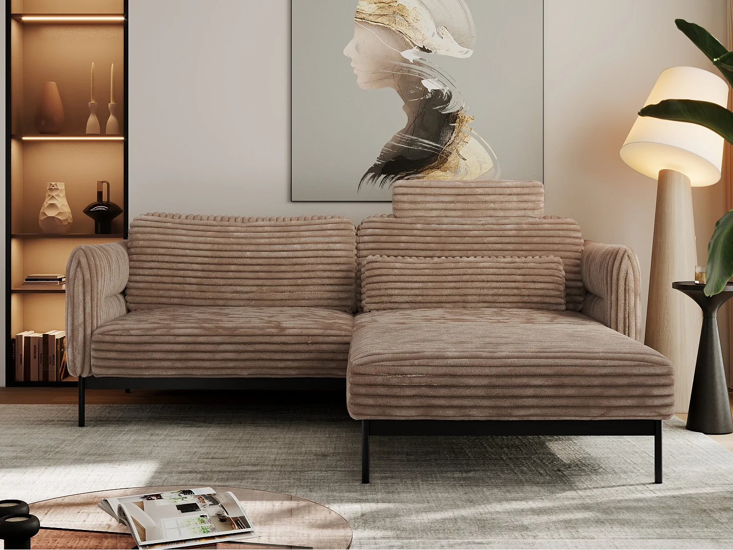Ecksofa SALENTO - mit Metallbeine, Schlafsofa, mobilen Fußhocker, lose Kissen - Braun Cord