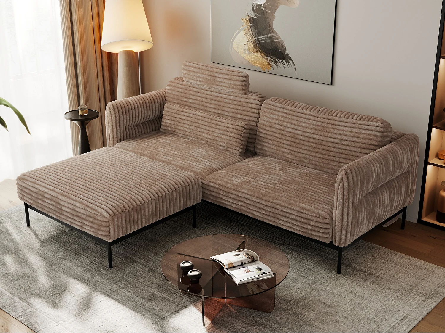 Ecksofa SALENTO - mit Metallbeine, Schlafsofa, mobilen Fußhocker, lose Kissen - Braun Cord
