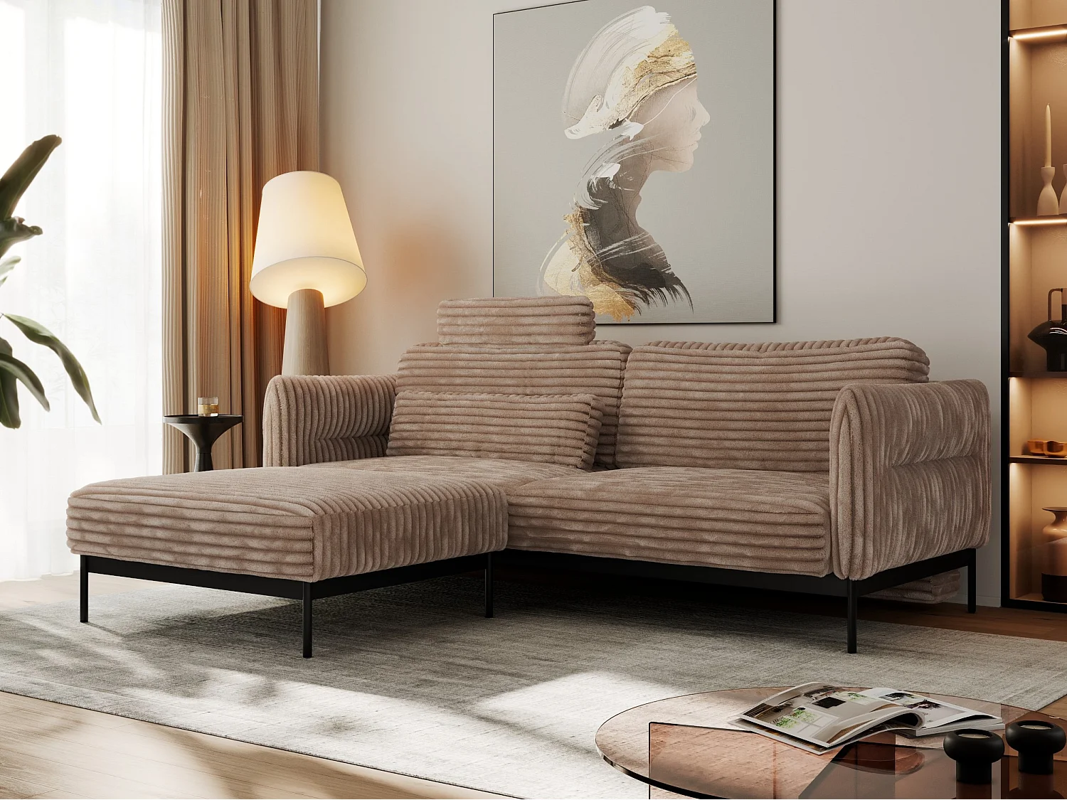 Ecksofa SALENTO - mit Metallbeine, Schlafsofa, mobilen Fußhocker, lose Kissen - Braun Cord