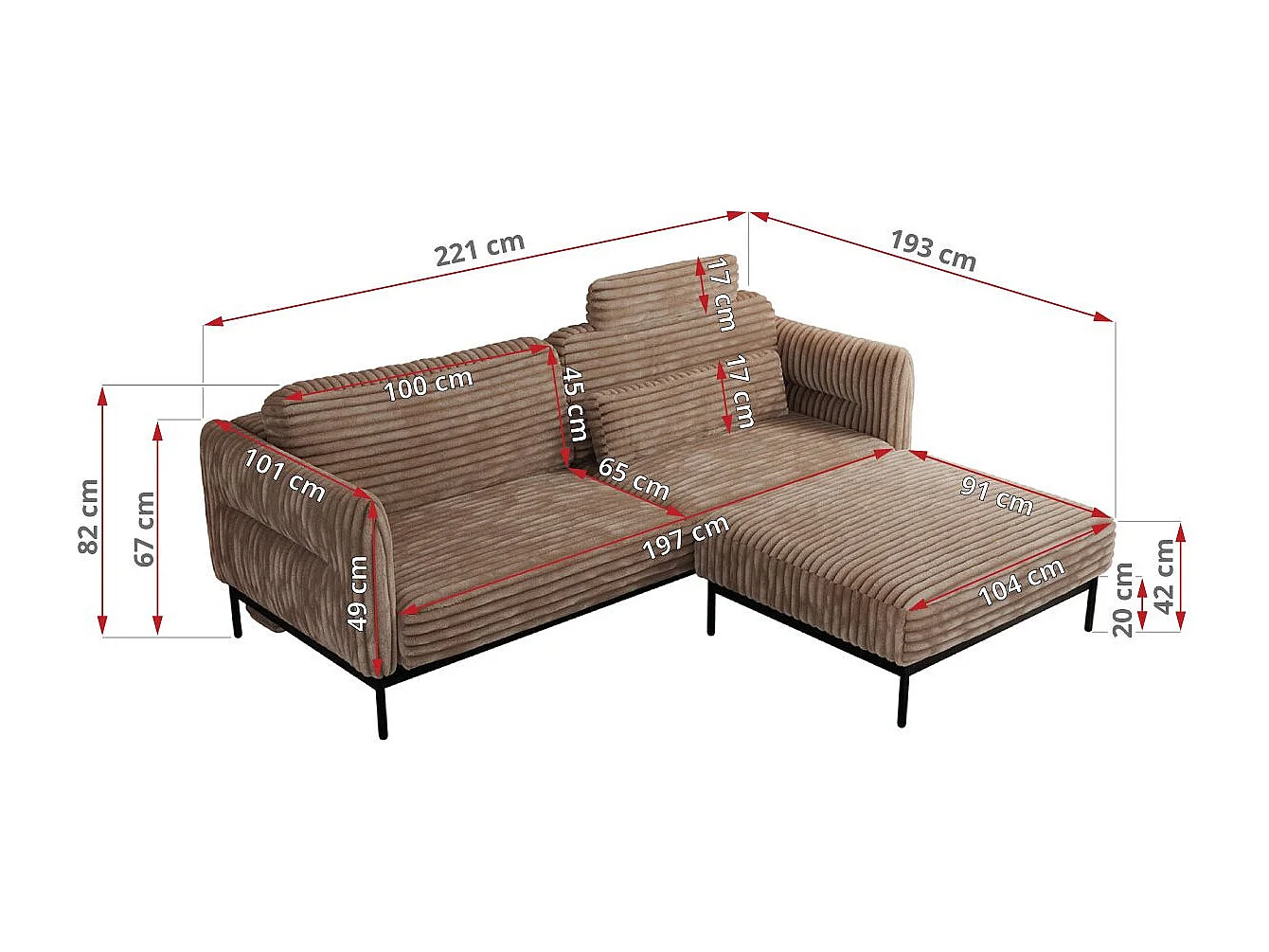 Ecksofa SALENTO - mit Metallbeine, Schlafsofa, mobilen Fußhocker, lose Kissen - Braun Cord