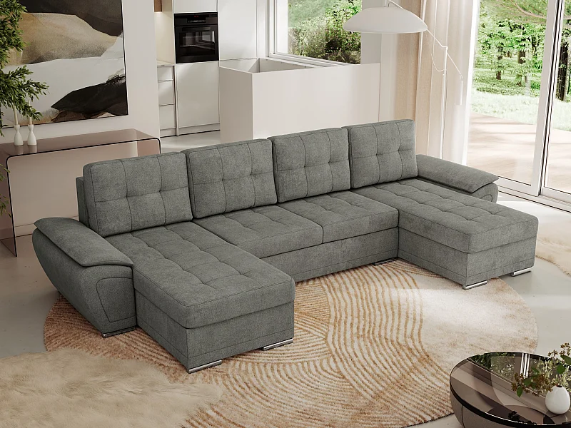 Ecksofa UMBRIA U - XXL Wohnlandschaft, mit Schlaffunktion und Bettkasten, genähte Ecke - Grau Stukture