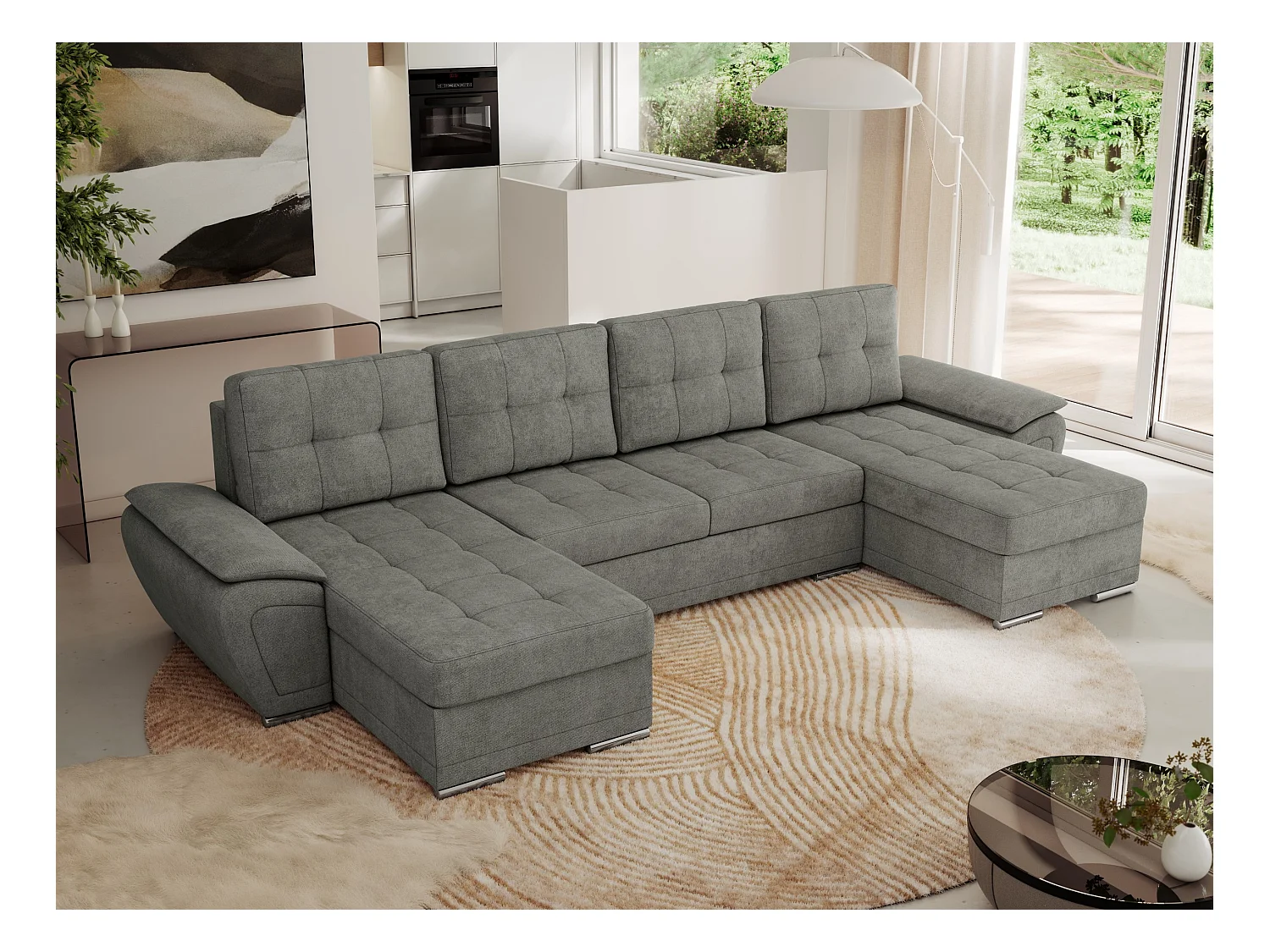 Ecksofa UMBRIA U - XXL Wohnlandschaft, mit Schlaffunktion und Bettkasten, genähte Ecke - Grau Stukture