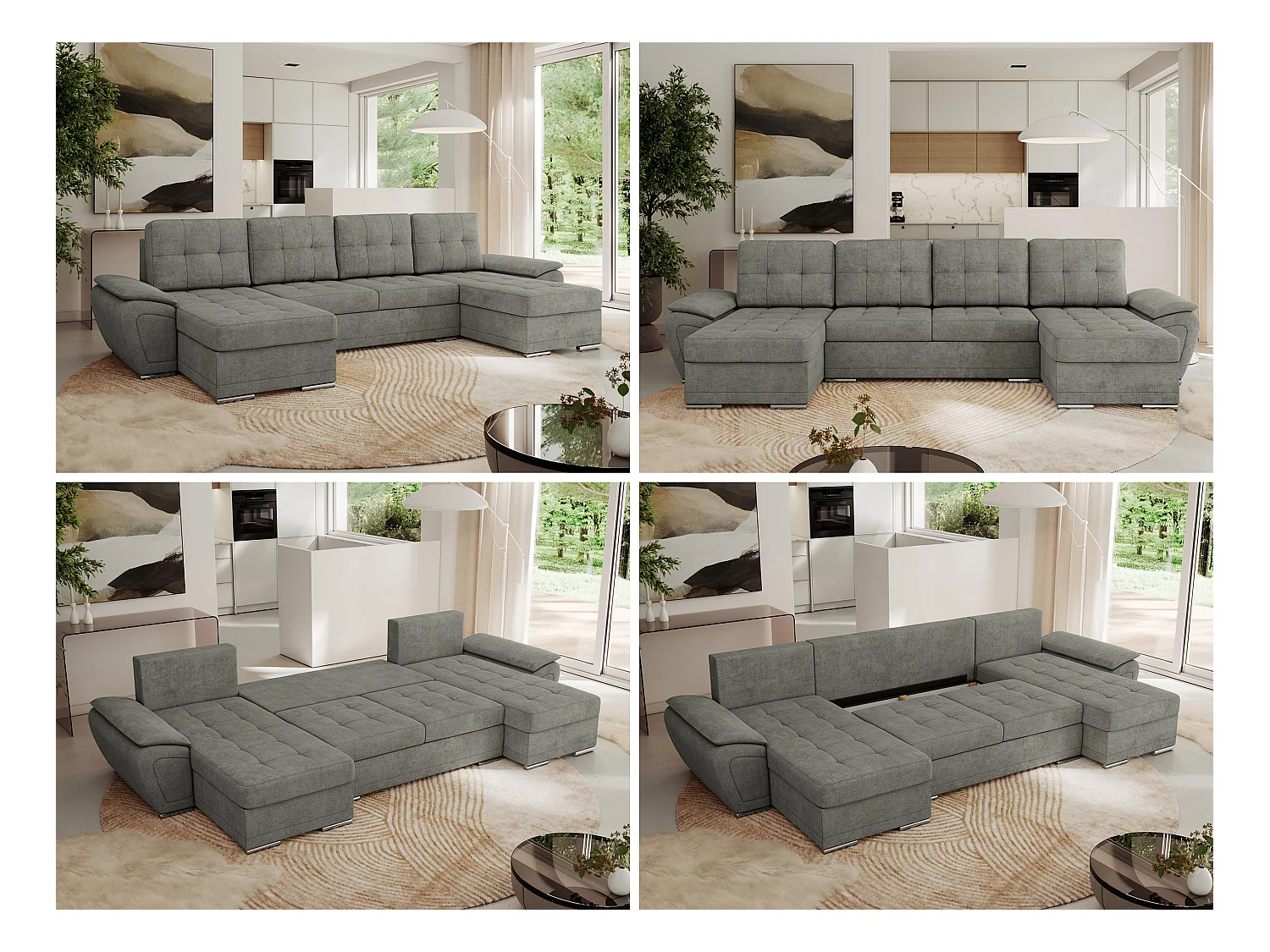 Ecksofa UMBRIA U - XXL Wohnlandschaft, mit Schlaffunktion und Bettkasten, genähte Ecke - Grau Stukture