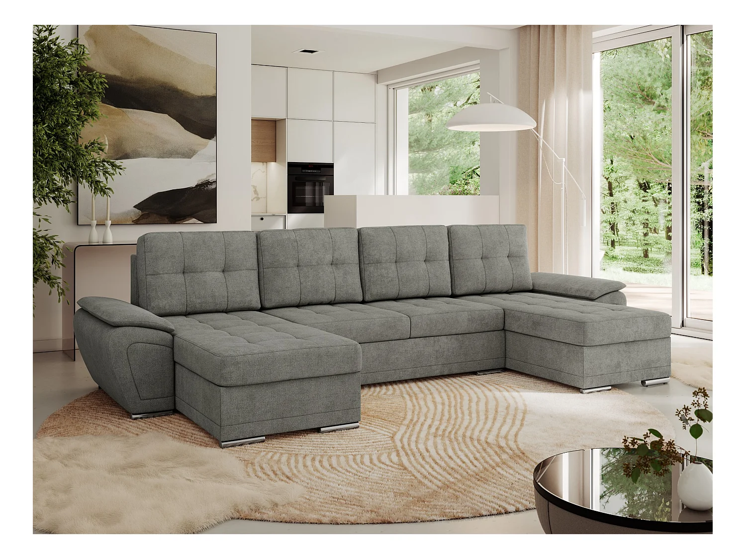 Ecksofa UMBRIA U - XXL Wohnlandschaft, mit Schlaffunktion und Bettkasten, genähte Ecke - Grau Stukture