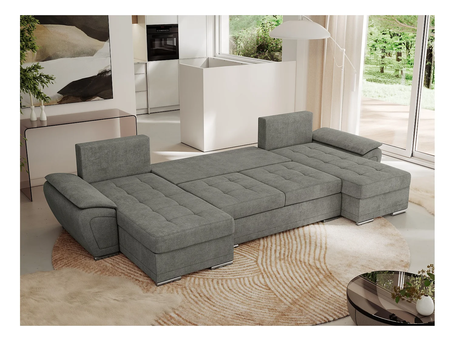 Ecksofa UMBRIA U - XXL Wohnlandschaft, mit Schlaffunktion und Bettkasten, genähte Ecke - Grau Stukture
