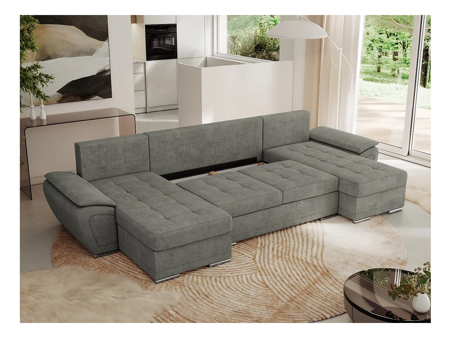 Ecksofa UMBRIA U - XXL Wohnlandschaft, mit Schlaffunktion und Bettkasten, genähte Ecke - Grau Stukture