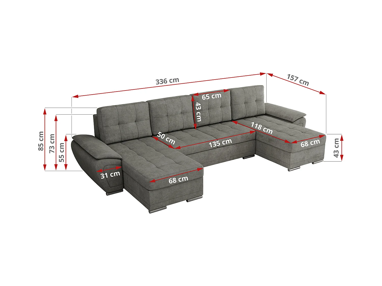 Ecksofa UMBRIA U - XXL Wohnlandschaft, mit Schlaffunktion und Bettkasten, genähte Ecke - Grau Stukture