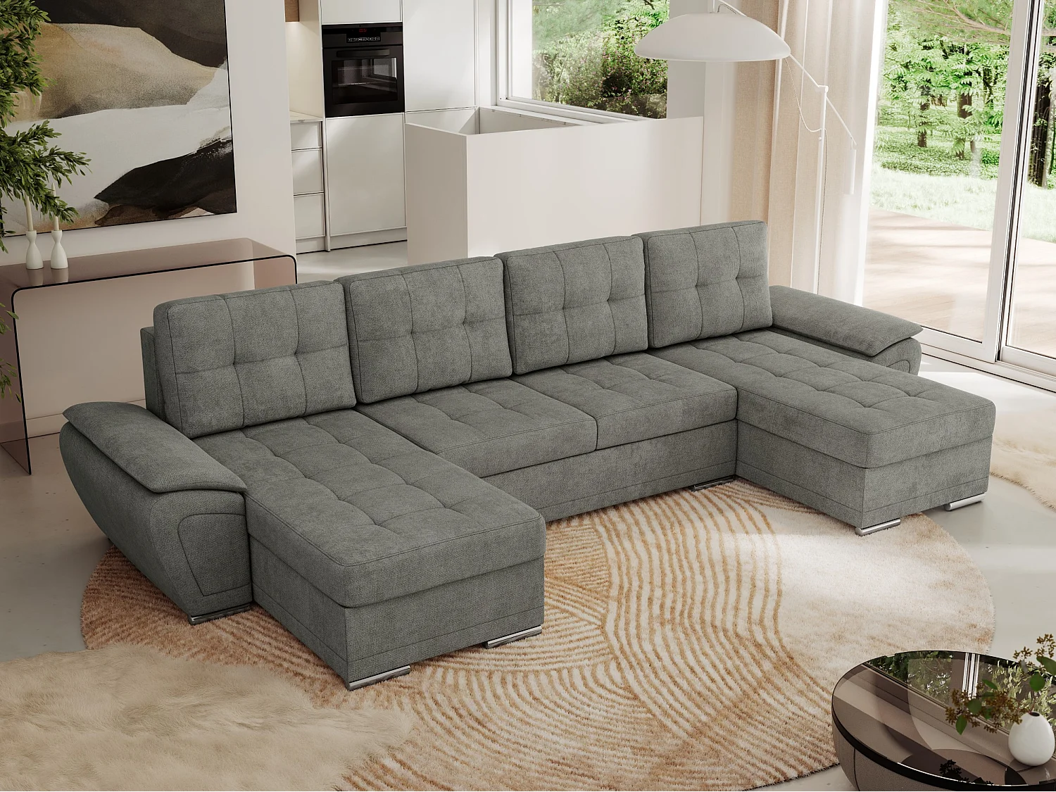 Ecksofa UMBRIA U - XXL Wohnlandschaft, mit Schlaffunktion und Bettkasten, genähte Ecke - Grau Stukture