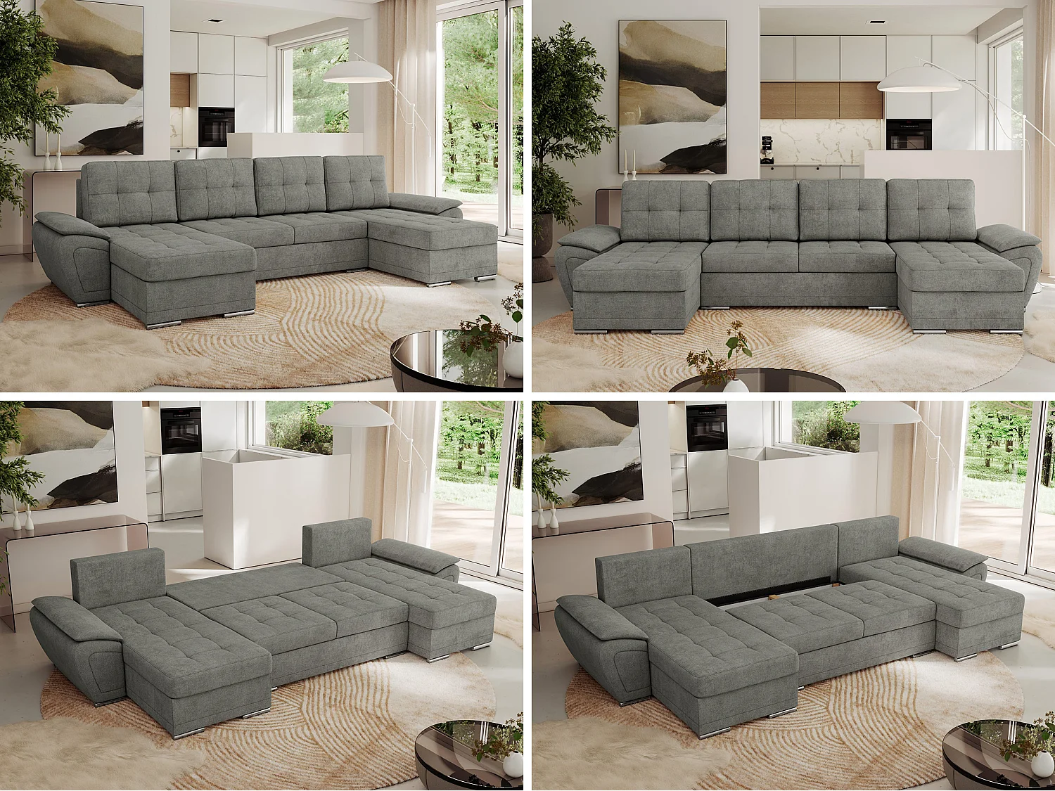 Ecksofa UMBRIA U - XXL Wohnlandschaft, mit Schlaffunktion und Bettkasten, genähte Ecke - Grau Stukture