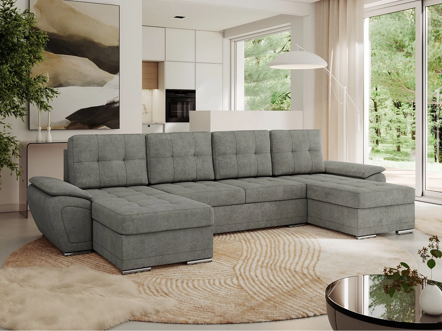 Ecksofa UMBRIA U - XXL Wohnlandschaft, mit Schlaffunktion und Bettkasten, genähte Ecke - Grau Stukture