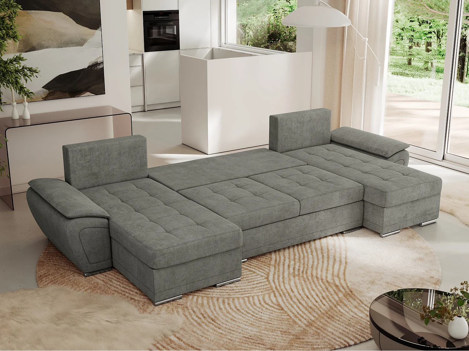Ecksofa UMBRIA U - XXL Wohnlandschaft, mit Schlaffunktion und Bettkasten, genähte Ecke - Grau Stukture