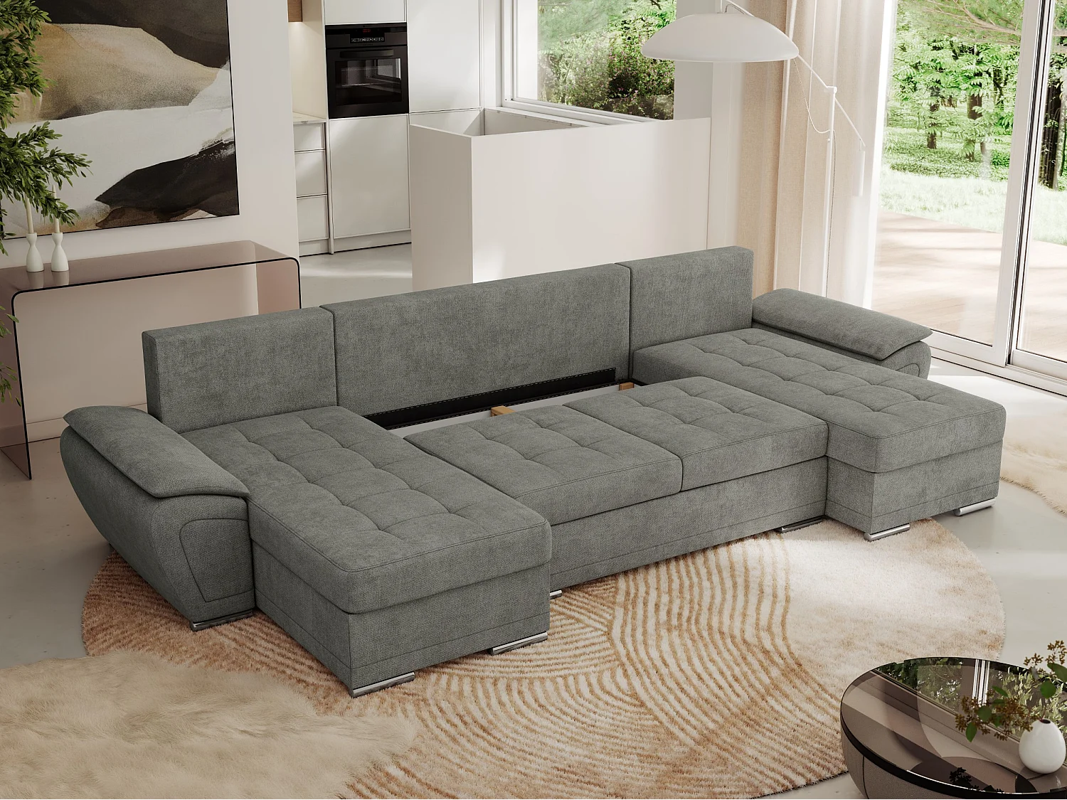 Ecksofa UMBRIA U - XXL Wohnlandschaft, mit Schlaffunktion und Bettkasten, genähte Ecke - Grau Stukture