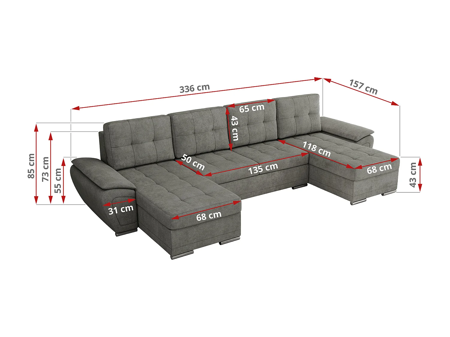 Ecksofa UMBRIA U - XXL Wohnlandschaft, mit Schlaffunktion und Bettkasten, genähte Ecke - Grau Stukture