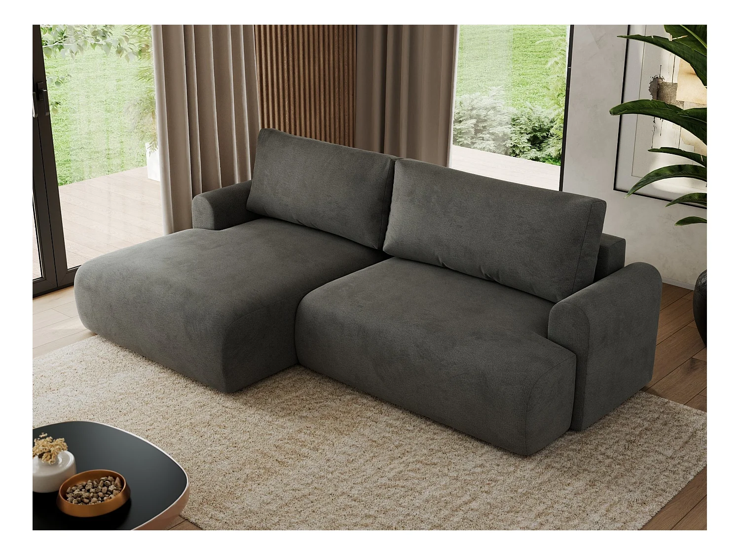 Ecksofa TONO - mit Schlaffunktion und Bettkasten, L-form Ecke, Armlehnen - Dunkelgrau Velvet - Ecke Links