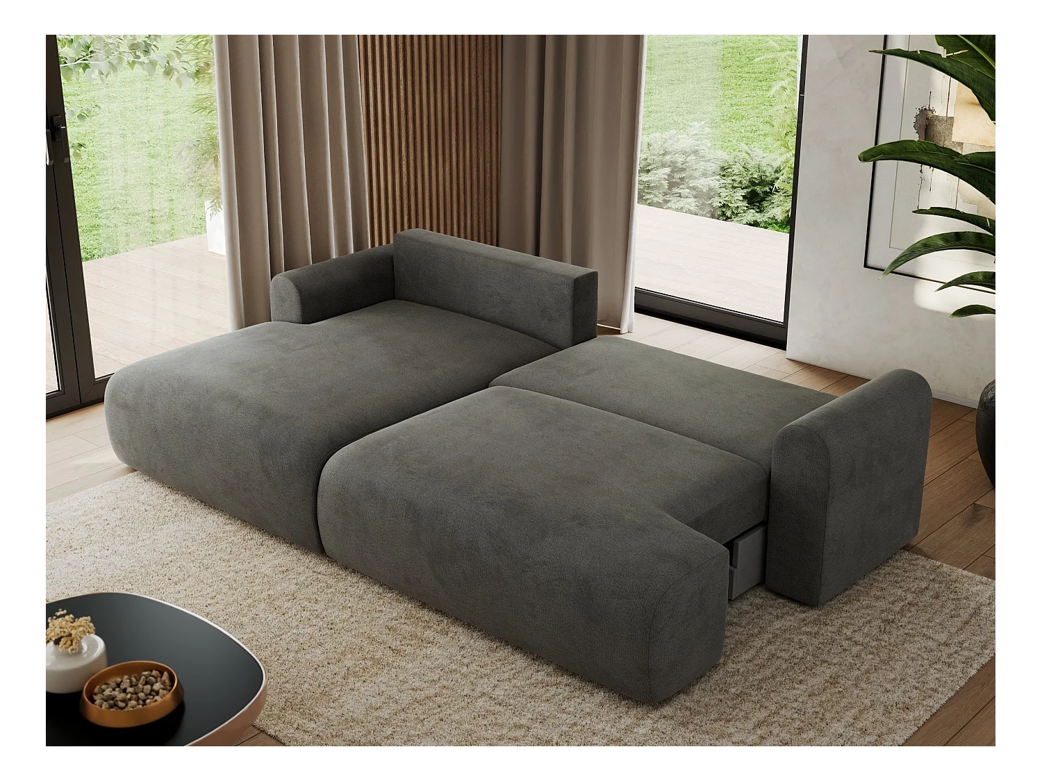 Ecksofa TONO - mit Schlaffunktion und Bettkasten, L-form Ecke, Armlehnen - Dunkelgrau Velvet - Ecke Links