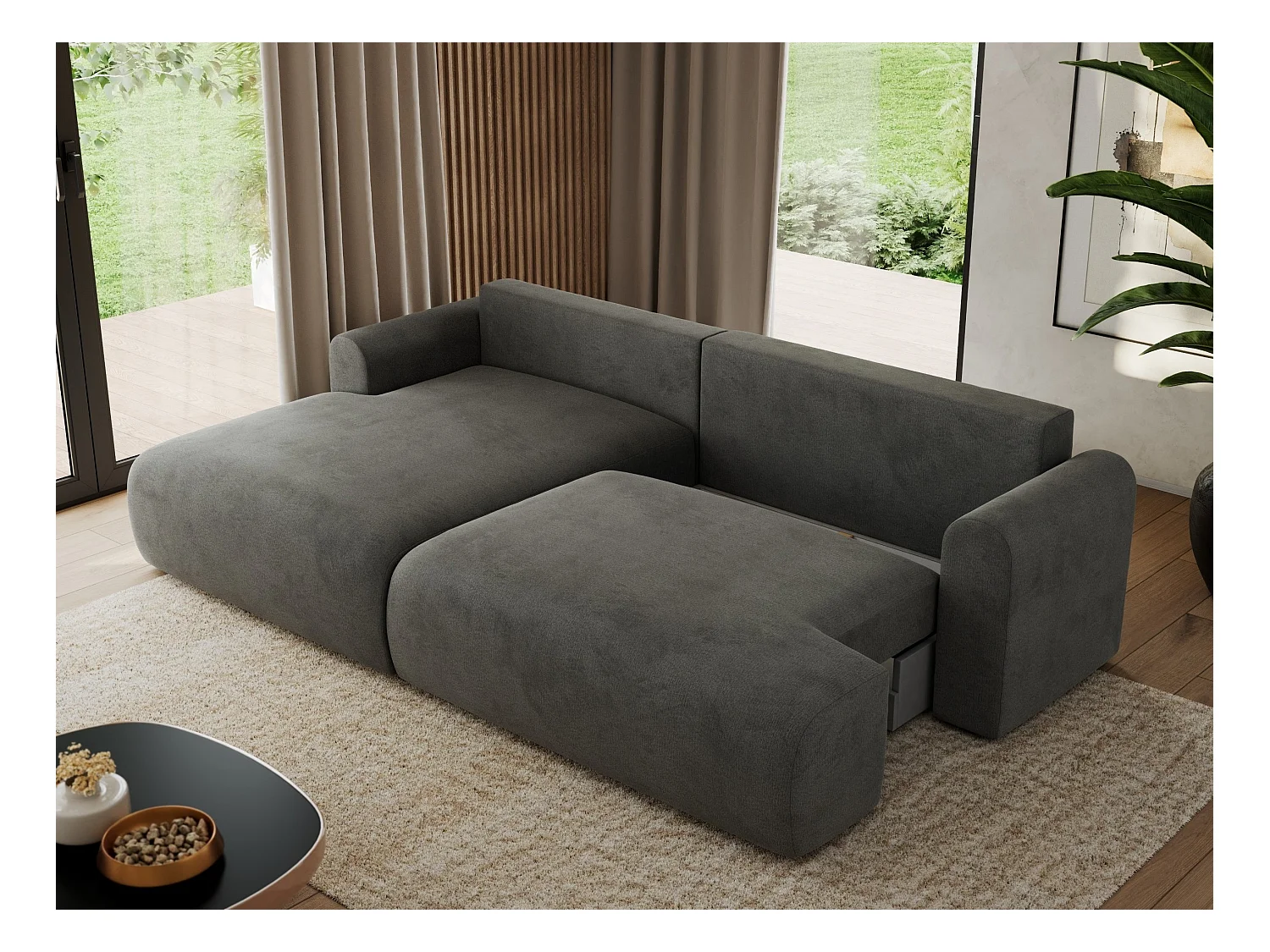 Ecksofa TONO - mit Schlaffunktion und Bettkasten, L-form Ecke, Armlehnen - Dunkelgrau Velvet - Ecke Links