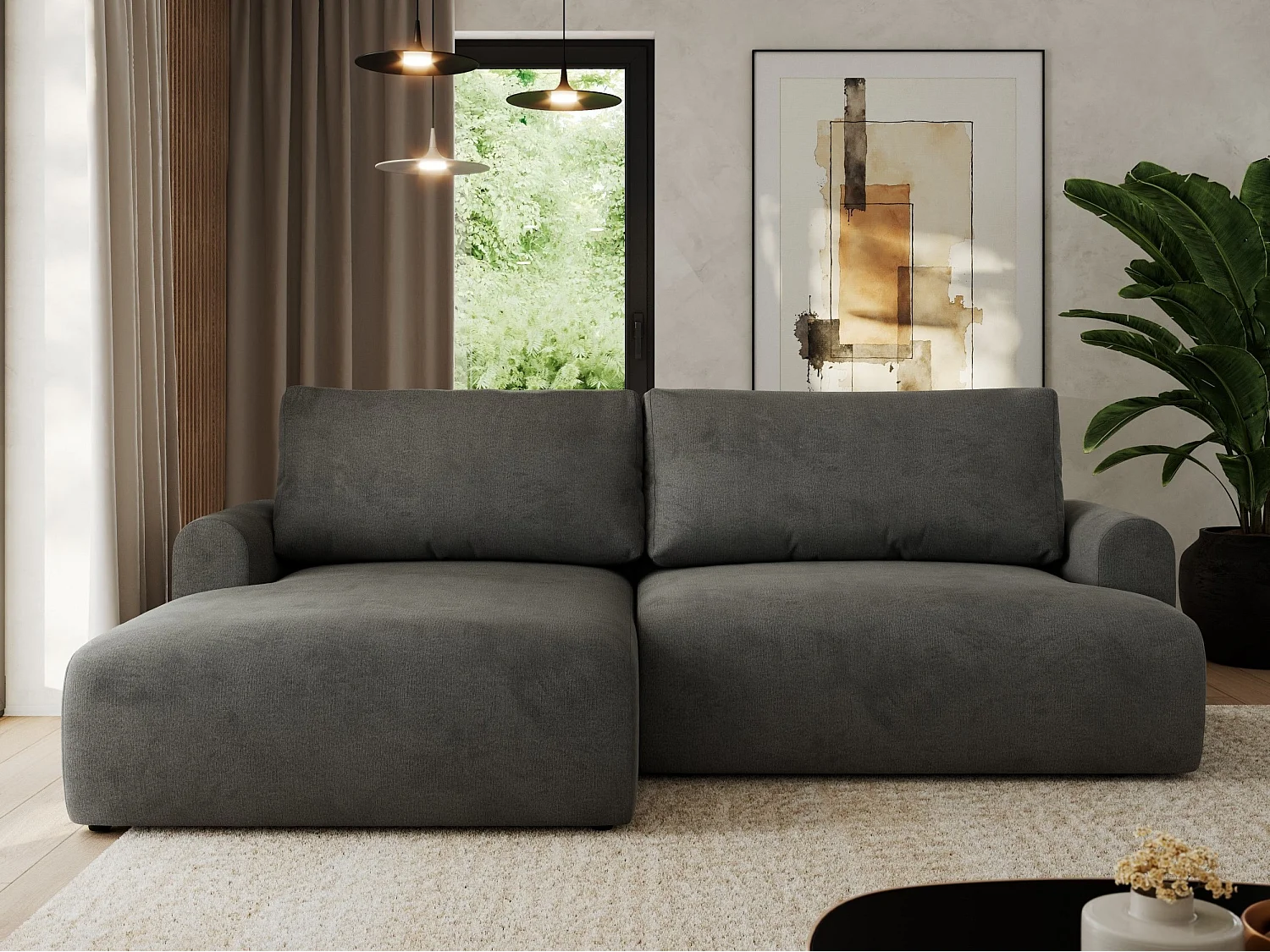 Ecksofa TONO - mit Schlaffunktion und Bettkasten, L-form Ecke, Armlehnen - Dunkelgrau Velvet - Ecke Links