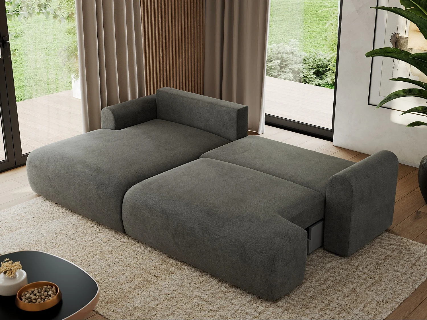 Ecksofa TONO - mit Schlaffunktion und Bettkasten, L-form Ecke, Armlehnen - Dunkelgrau Velvet - Ecke Links