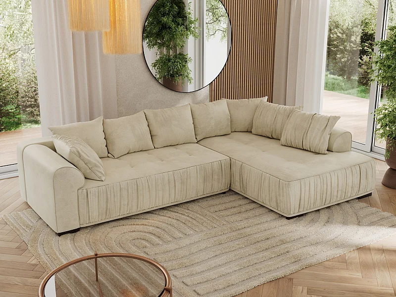 Ecksofa ORTA - Schlaffunktion und Bettkasten, lose Kissen, gesteppter Sitz, L-förmige Ecke - Beige Velvet - Ecke Rechts