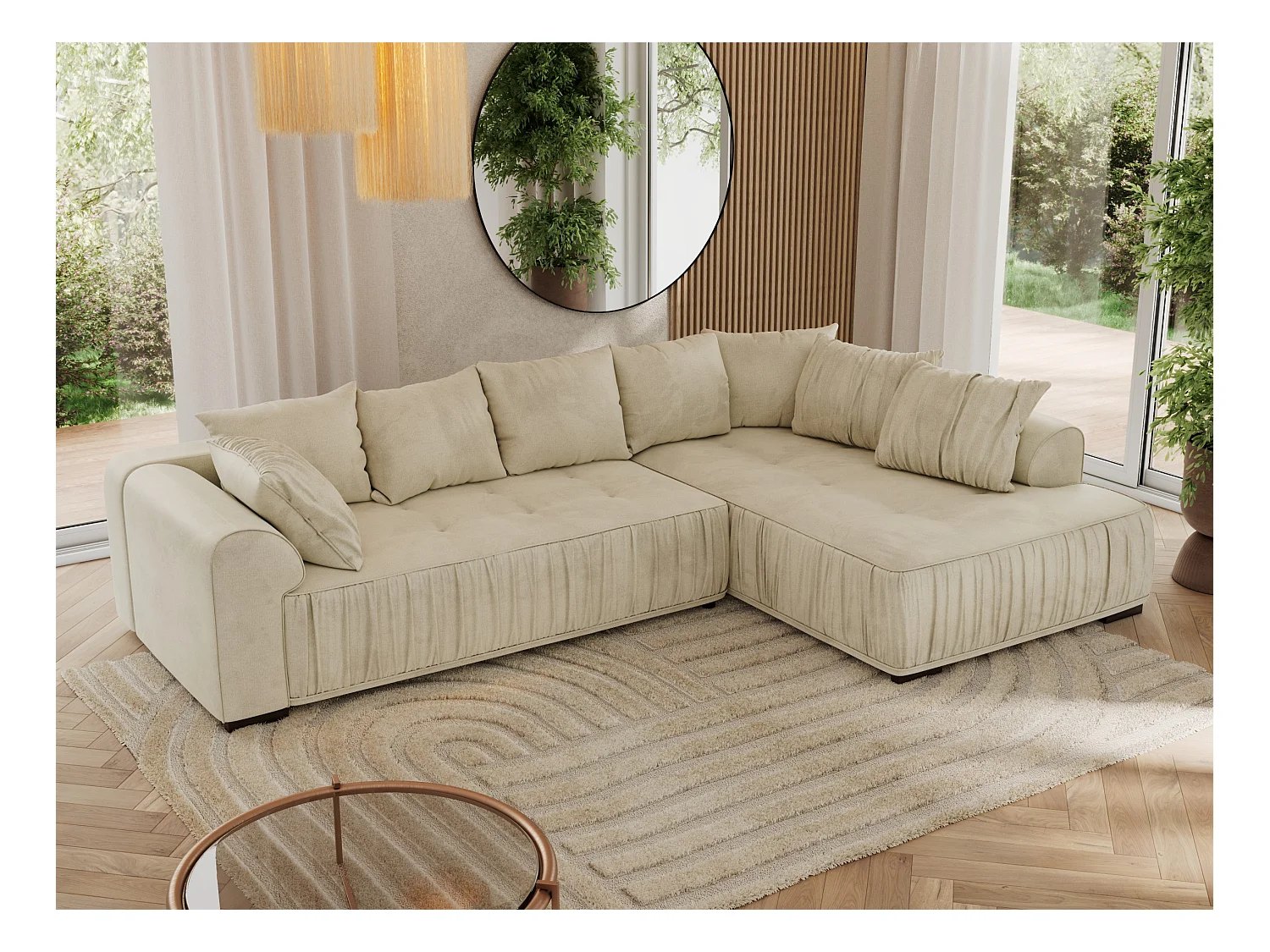 Ecksofa ORTA - Schlaffunktion und Bettkasten, lose Kissen, gesteppter Sitz, L-förmige Ecke - Beige Velvet - Ecke Rechts