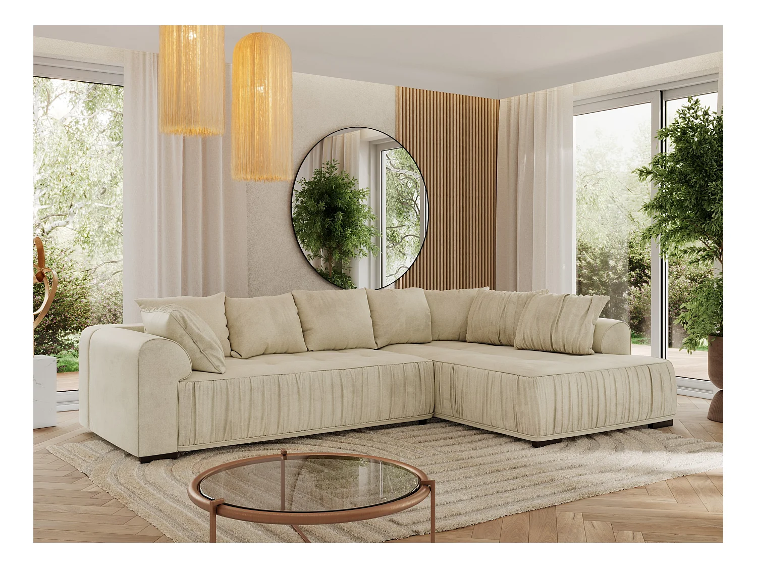 Ecksofa ORTA - Schlaffunktion und Bettkasten, lose Kissen, gesteppter Sitz, L-förmige Ecke - Beige Velvet - Ecke Rechts