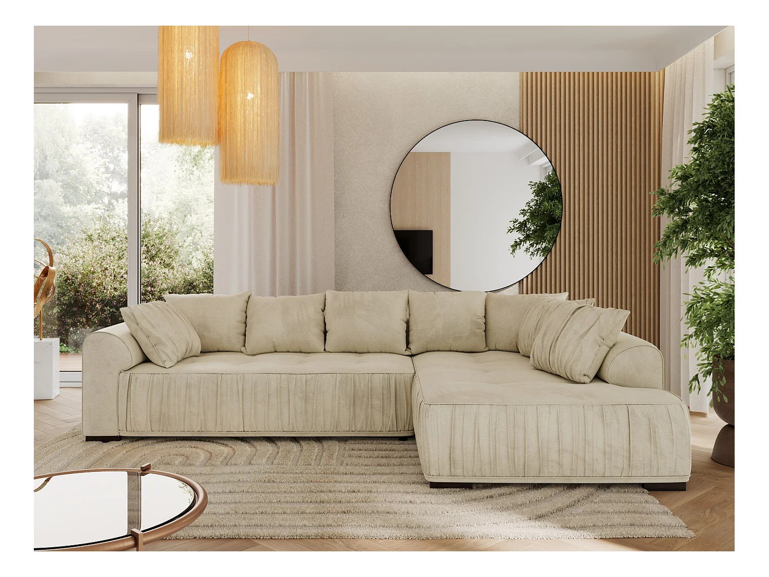 Ecksofa ORTA - Schlaffunktion und Bettkasten, lose Kissen, gesteppter Sitz, L-förmige Ecke - Beige Velvet - Ecke Rechts