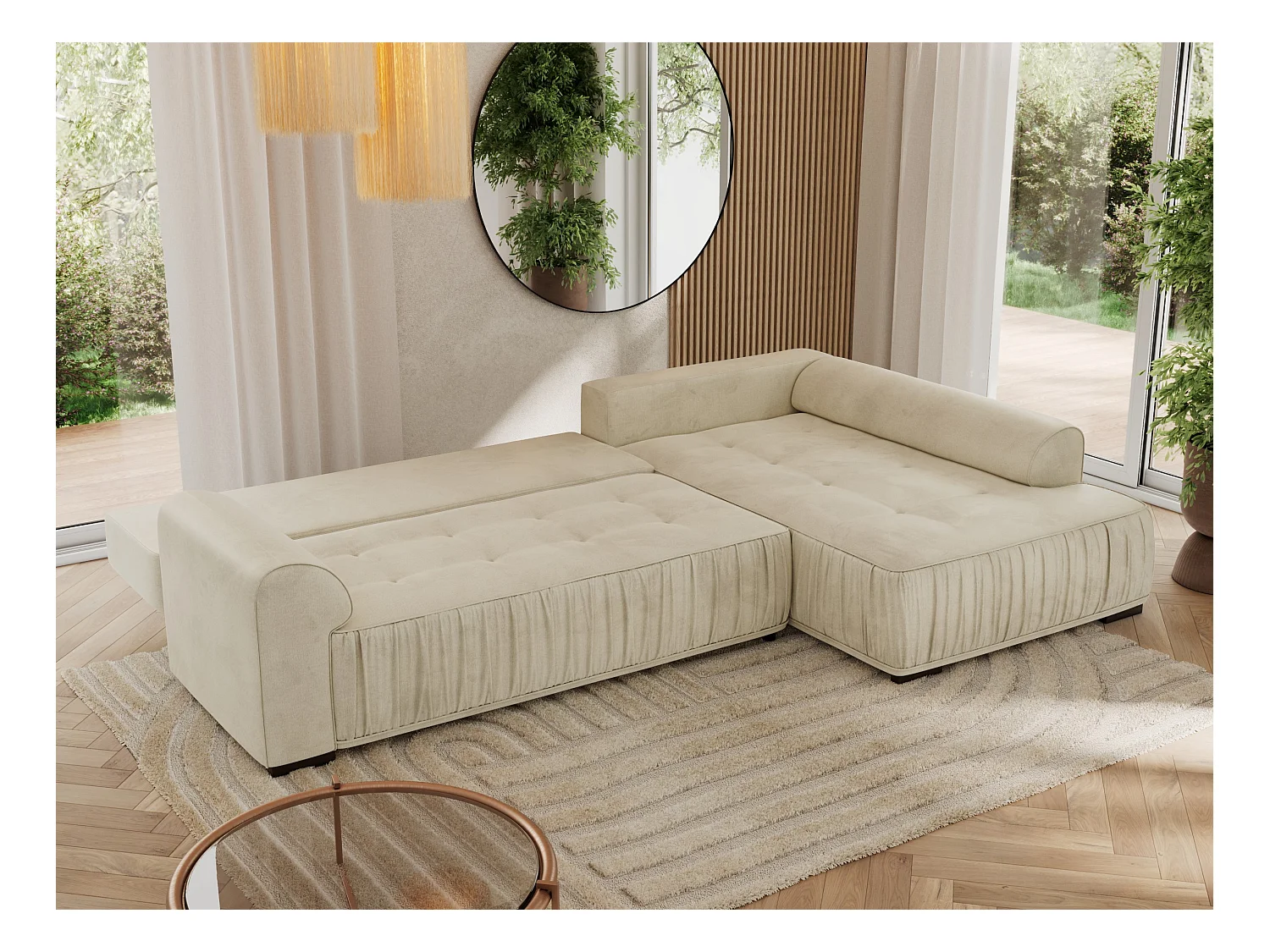 Ecksofa ORTA - Schlaffunktion und Bettkasten, lose Kissen, gesteppter Sitz, L-förmige Ecke - Beige Velvet - Ecke Rechts