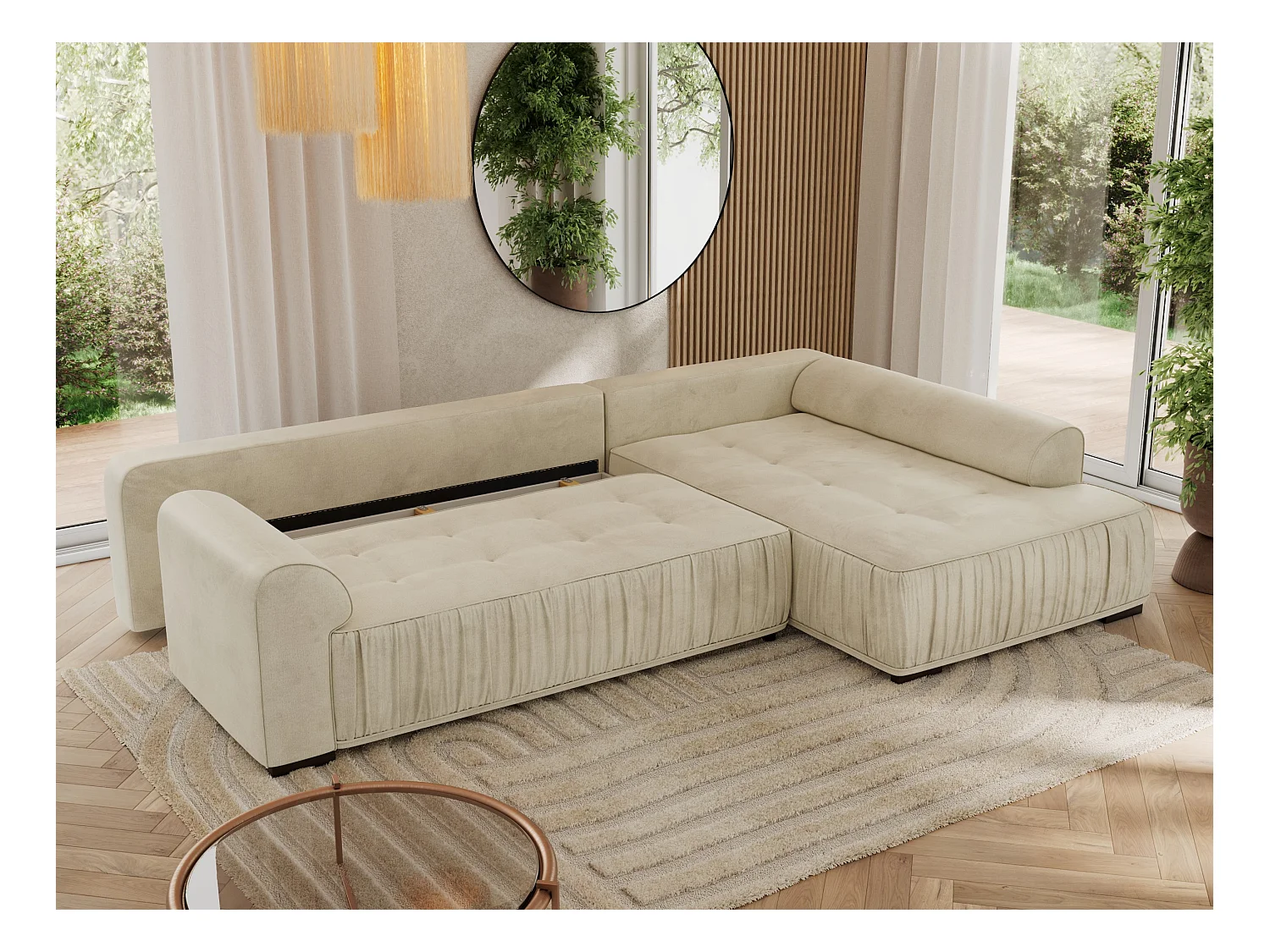 Ecksofa ORTA - Schlaffunktion und Bettkasten, lose Kissen, gesteppter Sitz, L-förmige Ecke - Beige Velvet - Ecke Rechts
