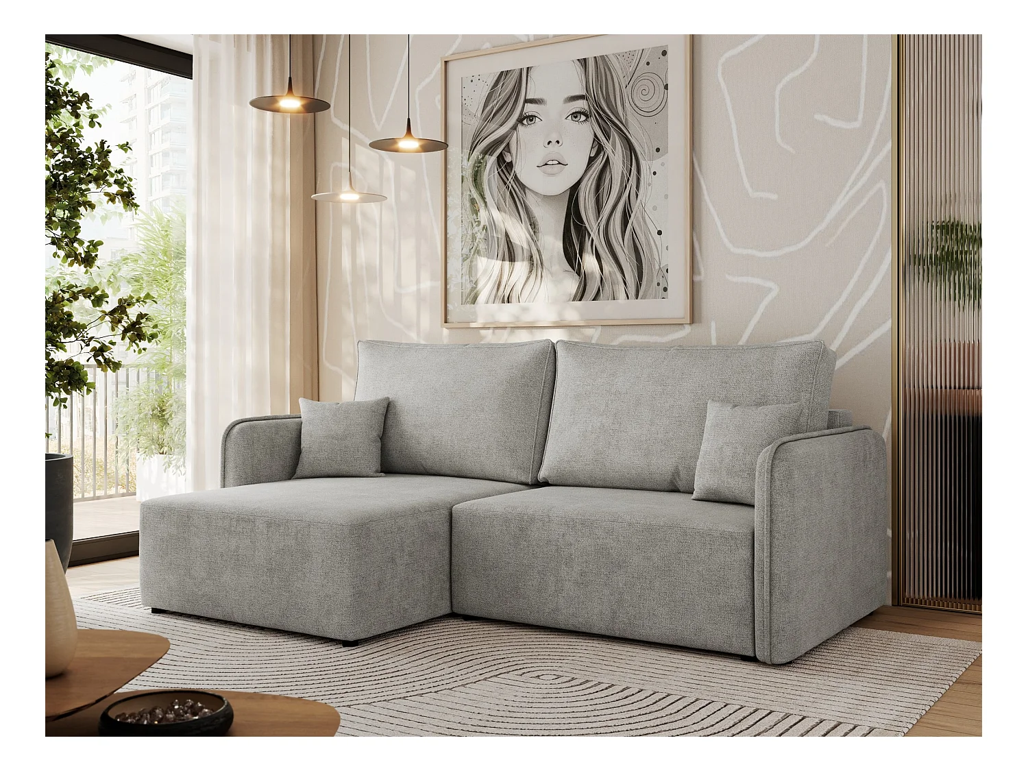 Ecksofa MESTO - Schlaffunktion und Bettkasten, L-form Couch für das Wohnzimmer, Armlehnen - Hellgrau Struktur - Ecke Links