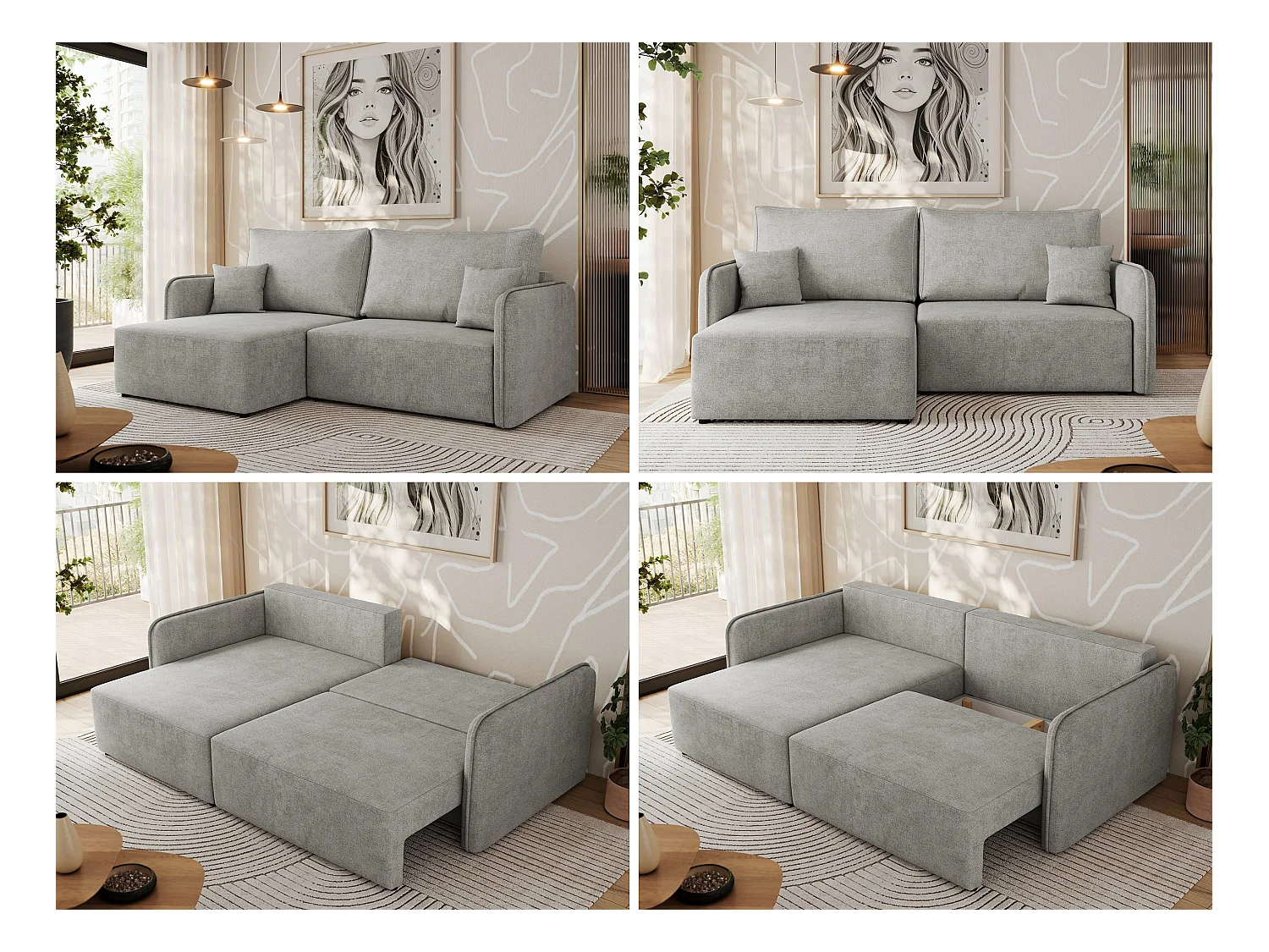 Ecksofa MESTO - Schlaffunktion und Bettkasten, L-form Couch für das Wohnzimmer, Armlehnen - Hellgrau Struktur - Ecke Links