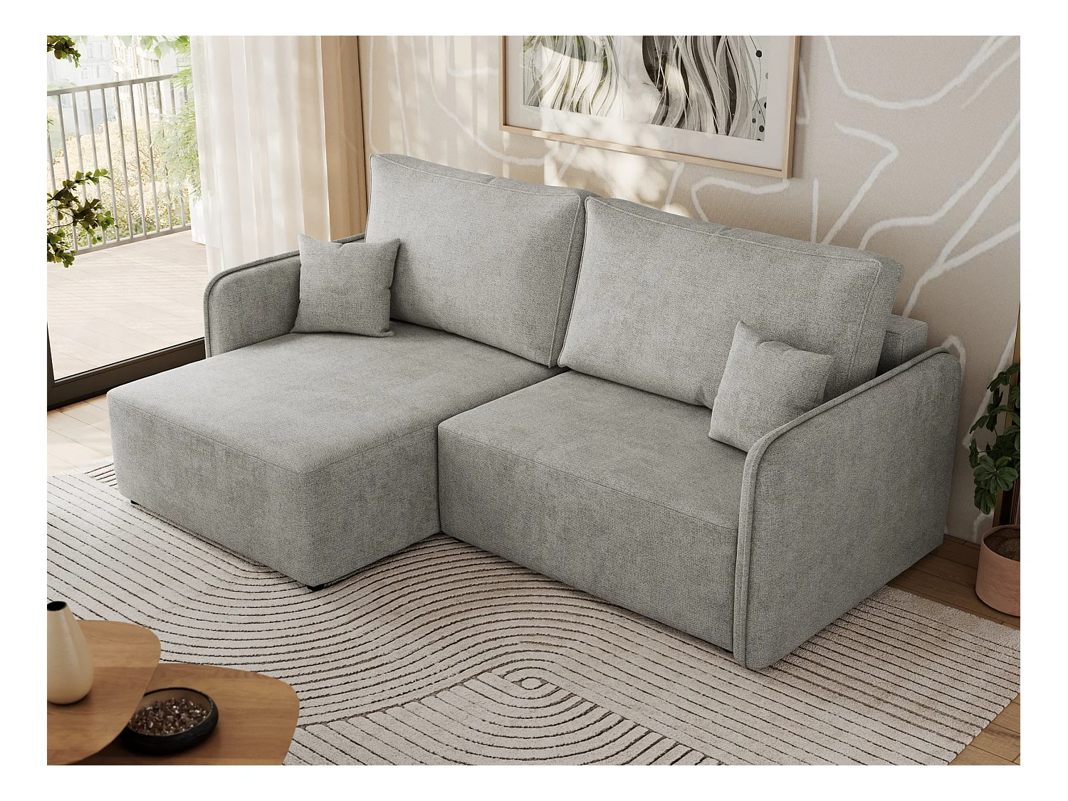 Ecksofa MESTO - Schlaffunktion und Bettkasten, L-form Couch für das Wohnzimmer, Armlehnen - Hellgrau Struktur - Ecke Links
