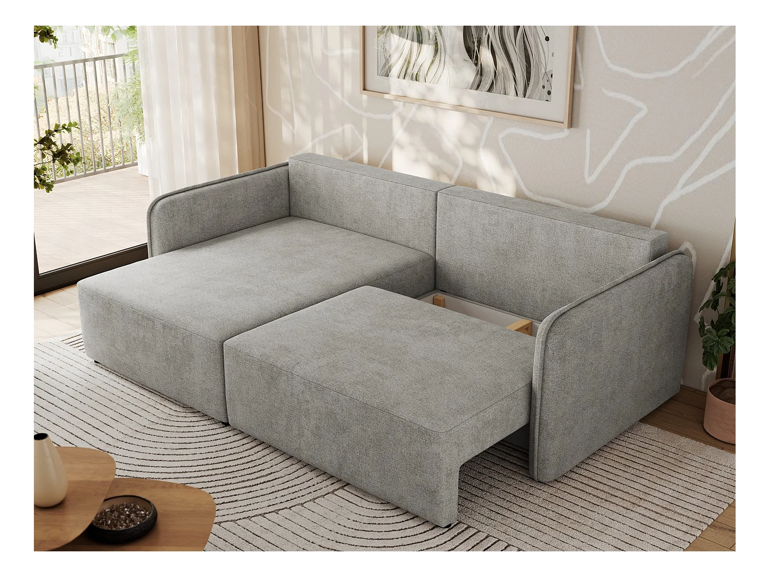 Ecksofa MESTO - Schlaffunktion und Bettkasten, L-form Couch für das Wohnzimmer, Armlehnen - Hellgrau Struktur - Ecke Links