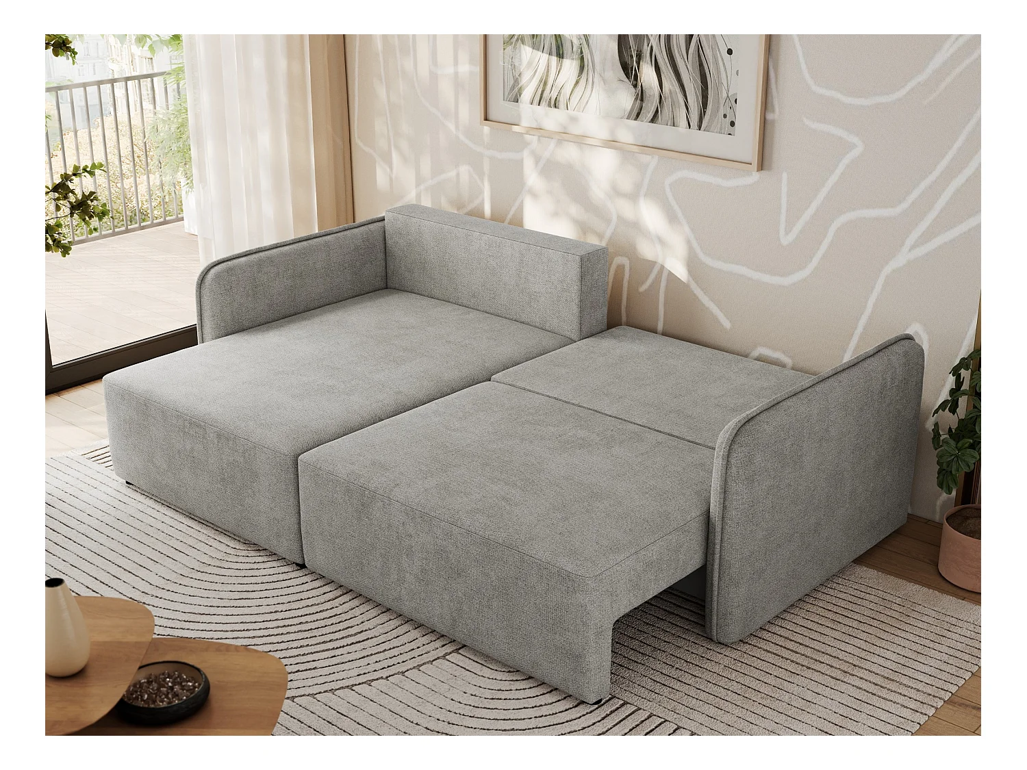 Ecksofa MESTO - Schlaffunktion und Bettkasten, L-form Couch für das Wohnzimmer, Armlehnen - Hellgrau Struktur - Ecke Links