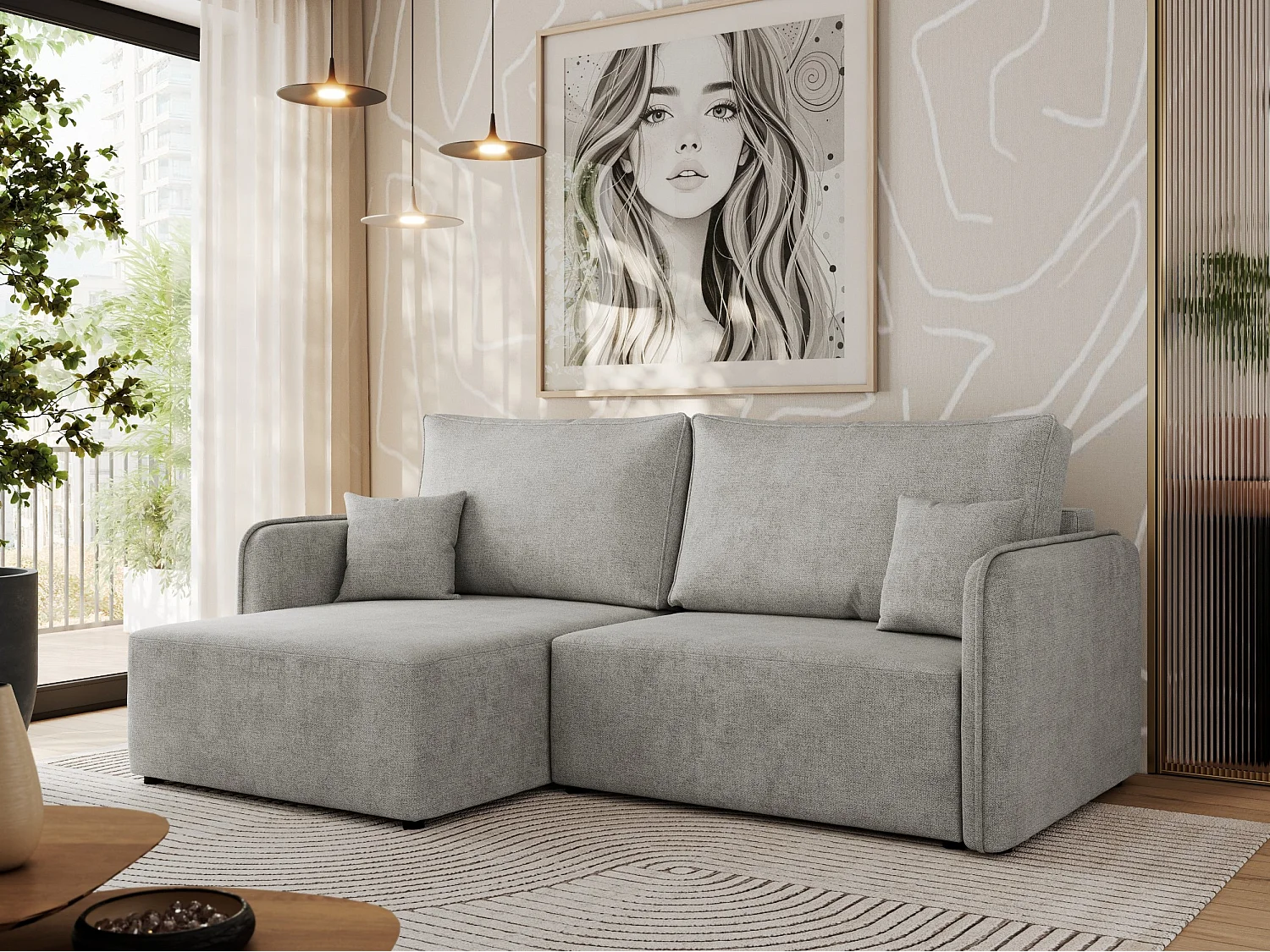 Ecksofa MESTO - Schlaffunktion und Bettkasten, L-form Couch für das Wohnzimmer, Armlehnen - Hellgrau Struktur - Ecke Links