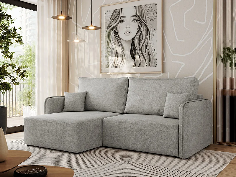 Ecksofa MESTO - Schlaffunktion und Bettkasten, L-form Couch für das Wohnzimmer, Armlehnen - Hellgrau Struktur - Ecke Links