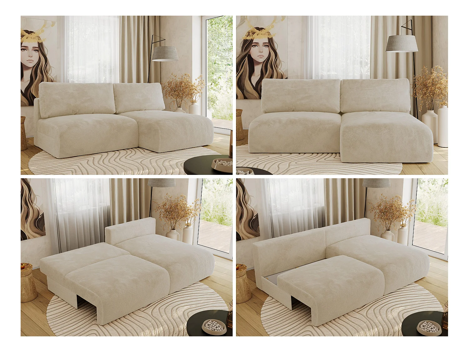 Ecksofa VIVO - L-form Couch mit Schlaffunktion und Bettkasten, Wellenfeder - Creme Plüsch - Ecke Rechts