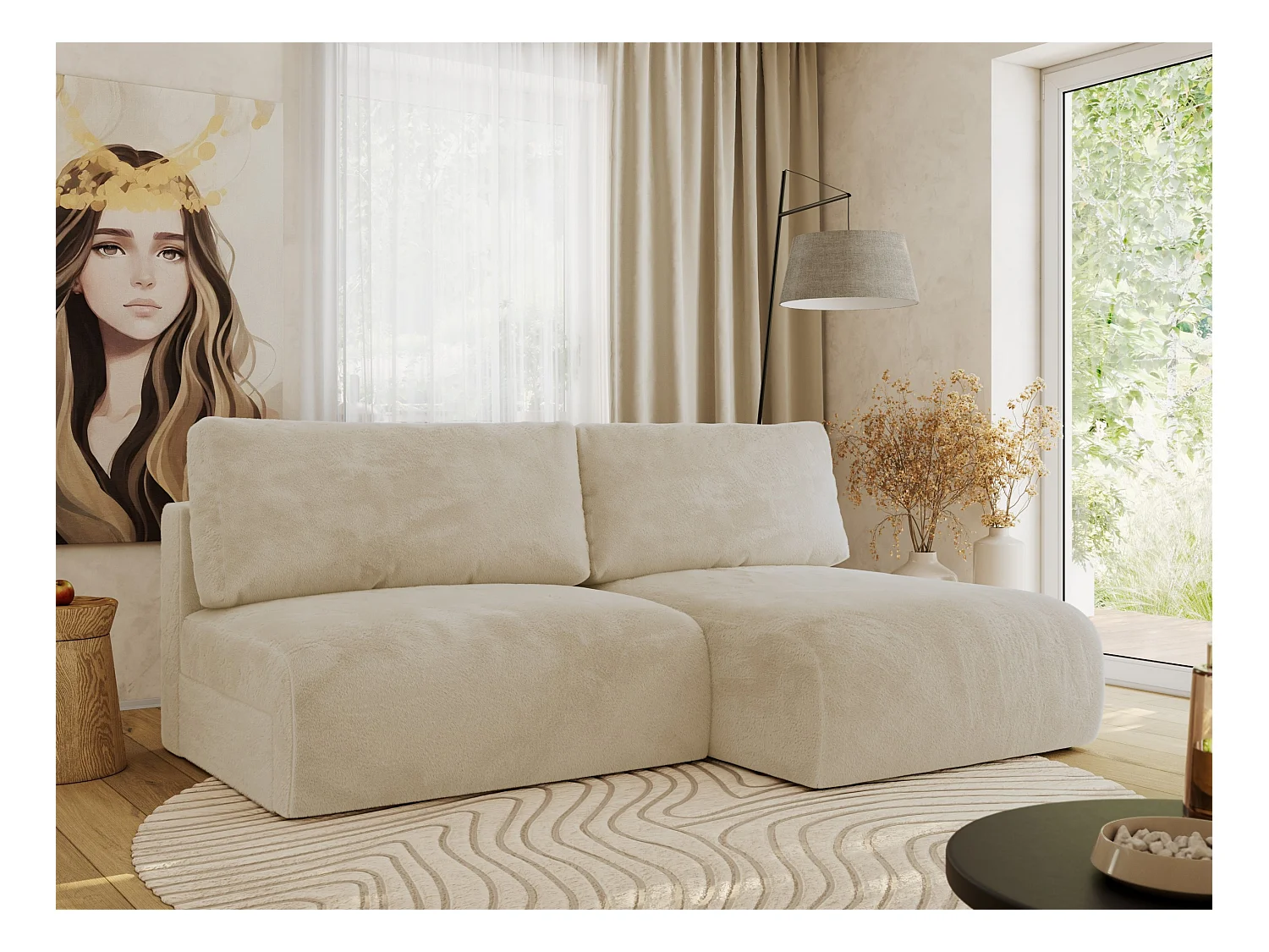 Ecksofa VIVO - L-form Couch mit Schlaffunktion und Bettkasten, Wellenfeder - Creme Plüsch - Ecke Rechts