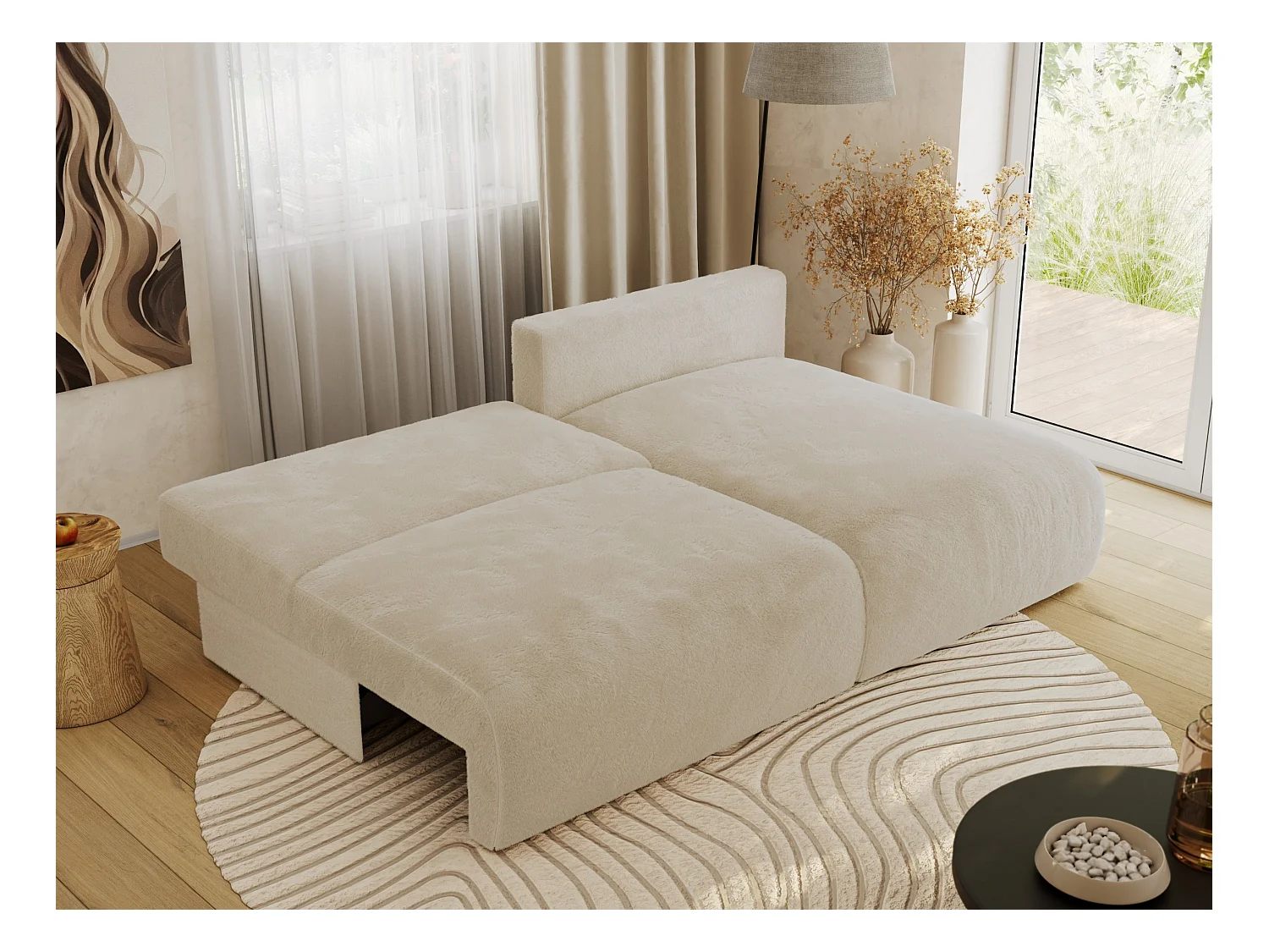 Ecksofa VIVO - L-form Couch mit Schlaffunktion und Bettkasten, Wellenfeder - Creme Plüsch - Ecke Rechts