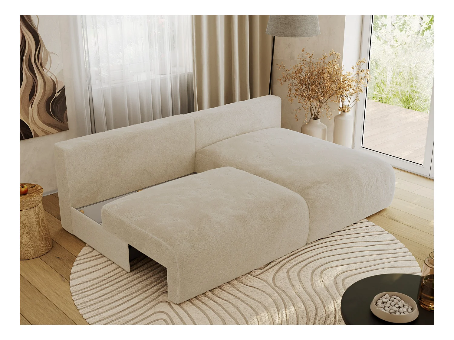 Ecksofa VIVO - L-form Couch mit Schlaffunktion und Bettkasten, Wellenfeder - Creme Plüsch - Ecke Rechts