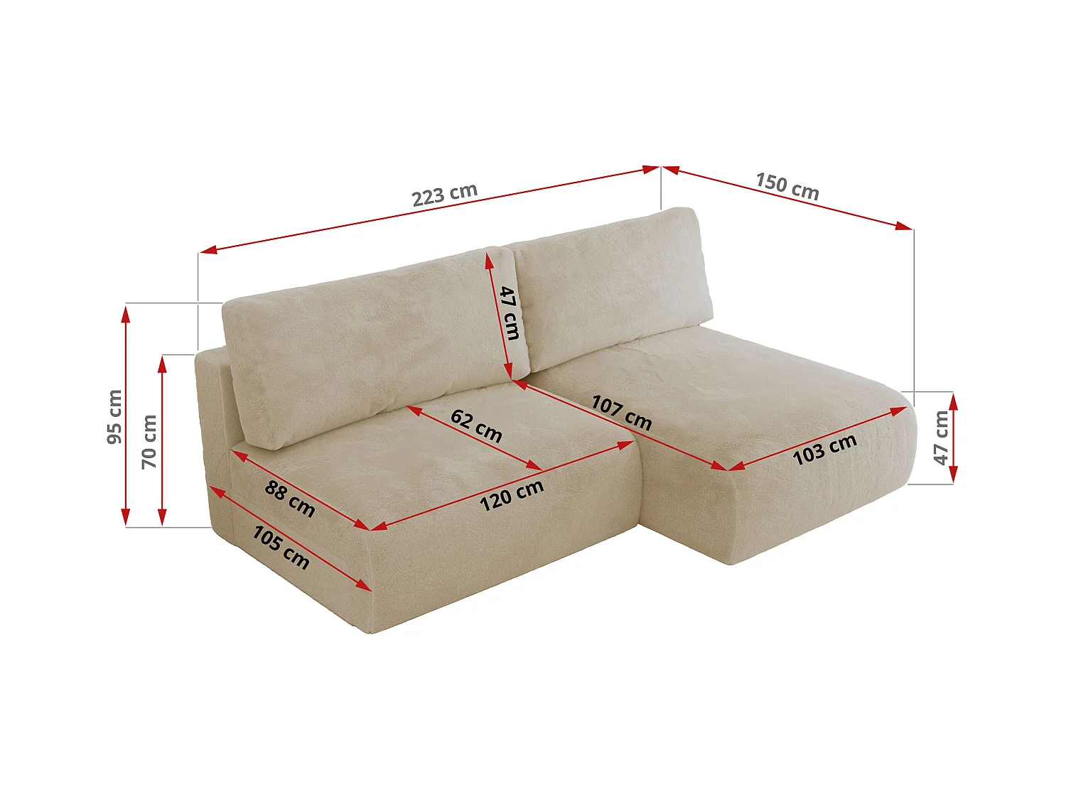 Ecksofa VIVO - L-form Couch mit Schlaffunktion und Bettkasten, Wellenfeder - Creme Plüsch - Ecke Rechts