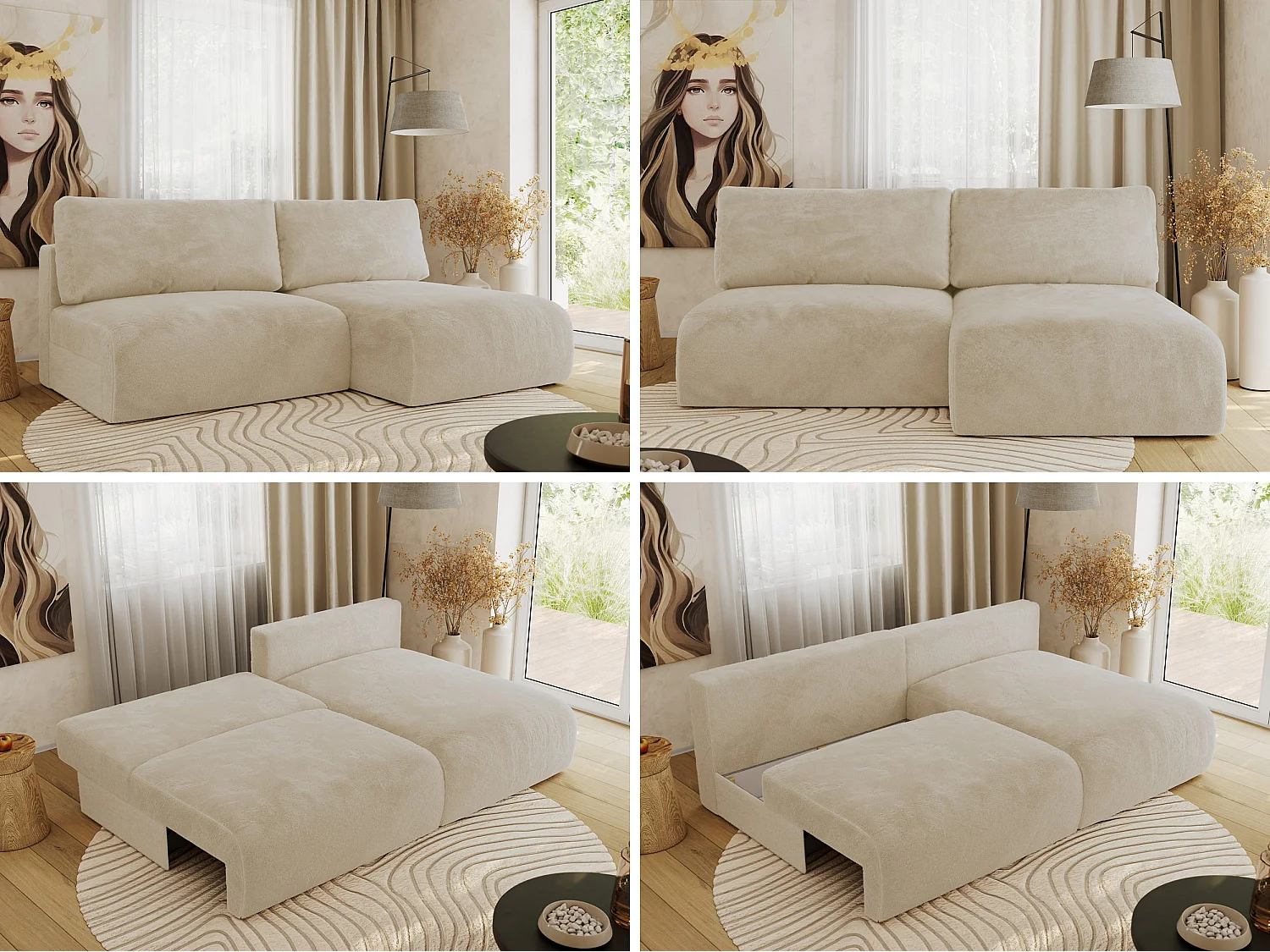 Ecksofa VIVO - L-form Couch mit Schlaffunktion und Bettkasten, Wellenfeder - Creme Plüsch - Ecke Rechts