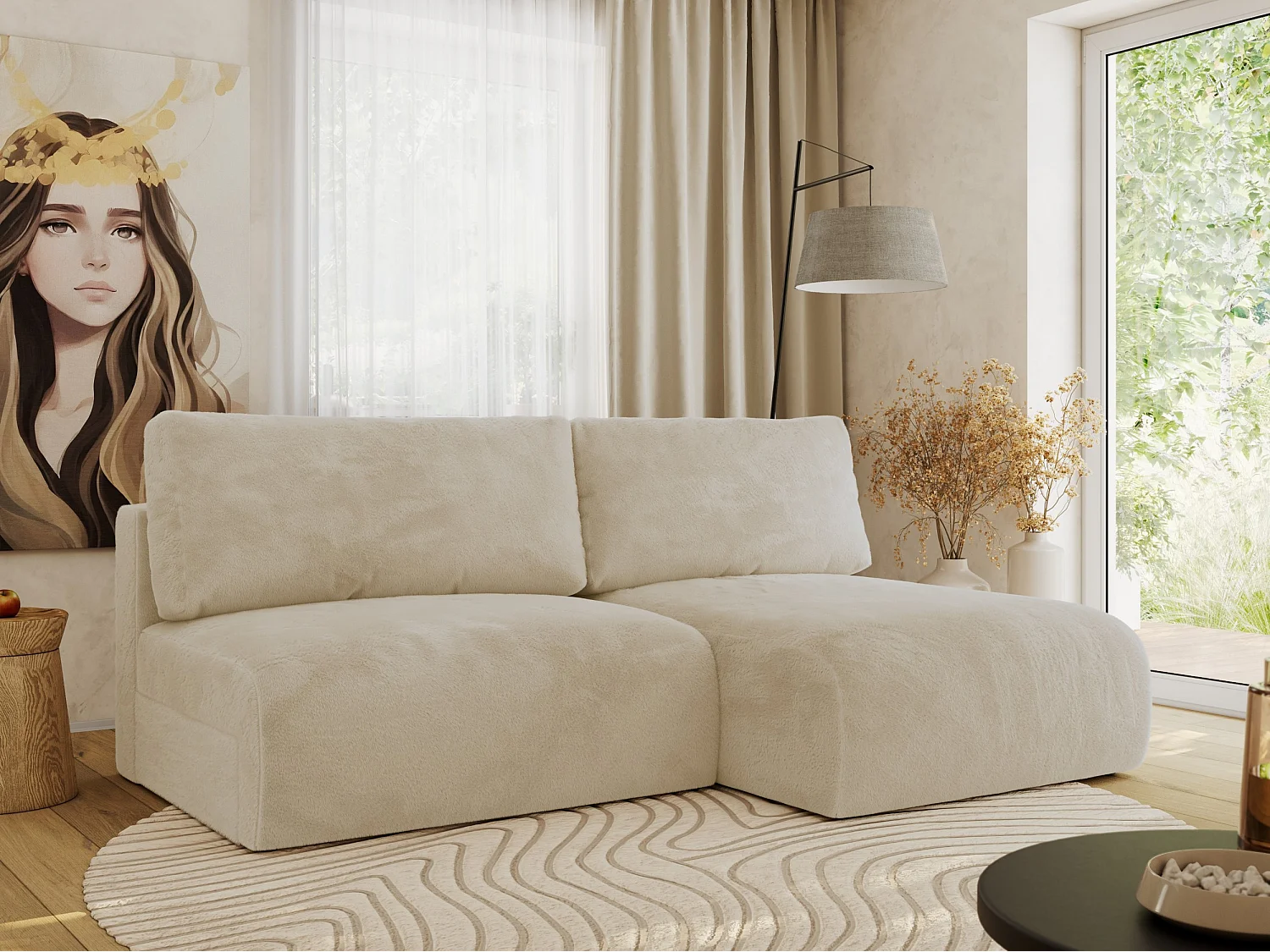 Ecksofa VIVO - L-form Couch mit Schlaffunktion und Bettkasten, Wellenfeder - Creme Plüsch - Ecke Rechts