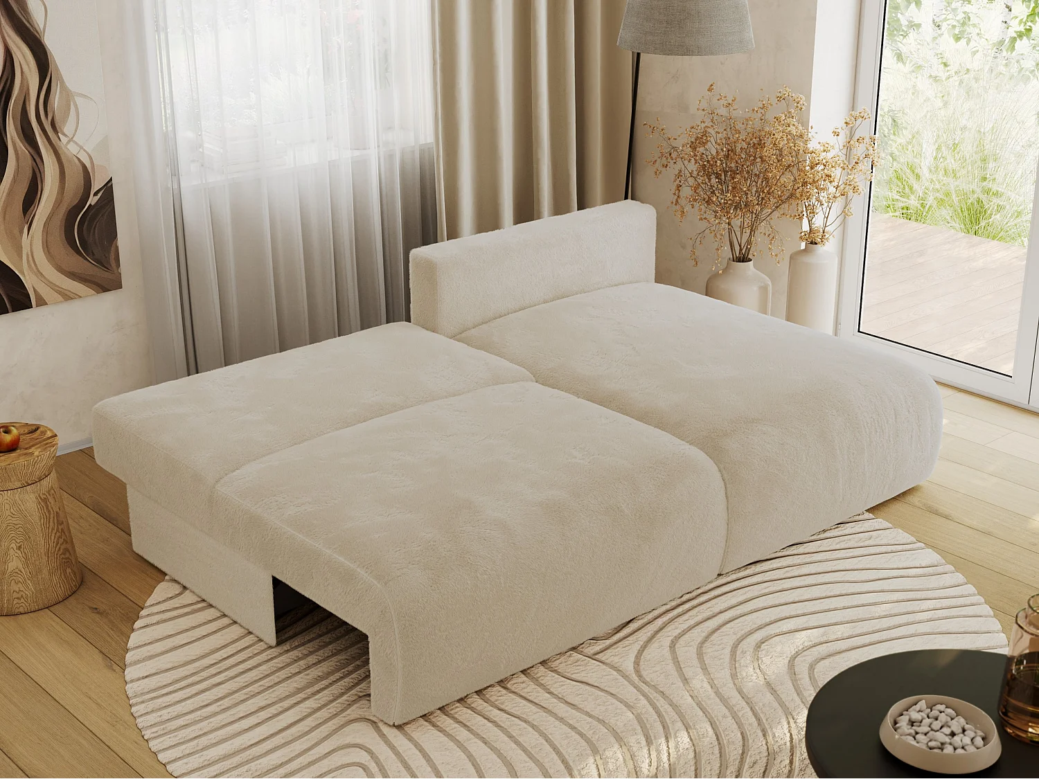Ecksofa VIVO - L-form Couch mit Schlaffunktion und Bettkasten, Wellenfeder - Creme Plüsch - Ecke Rechts