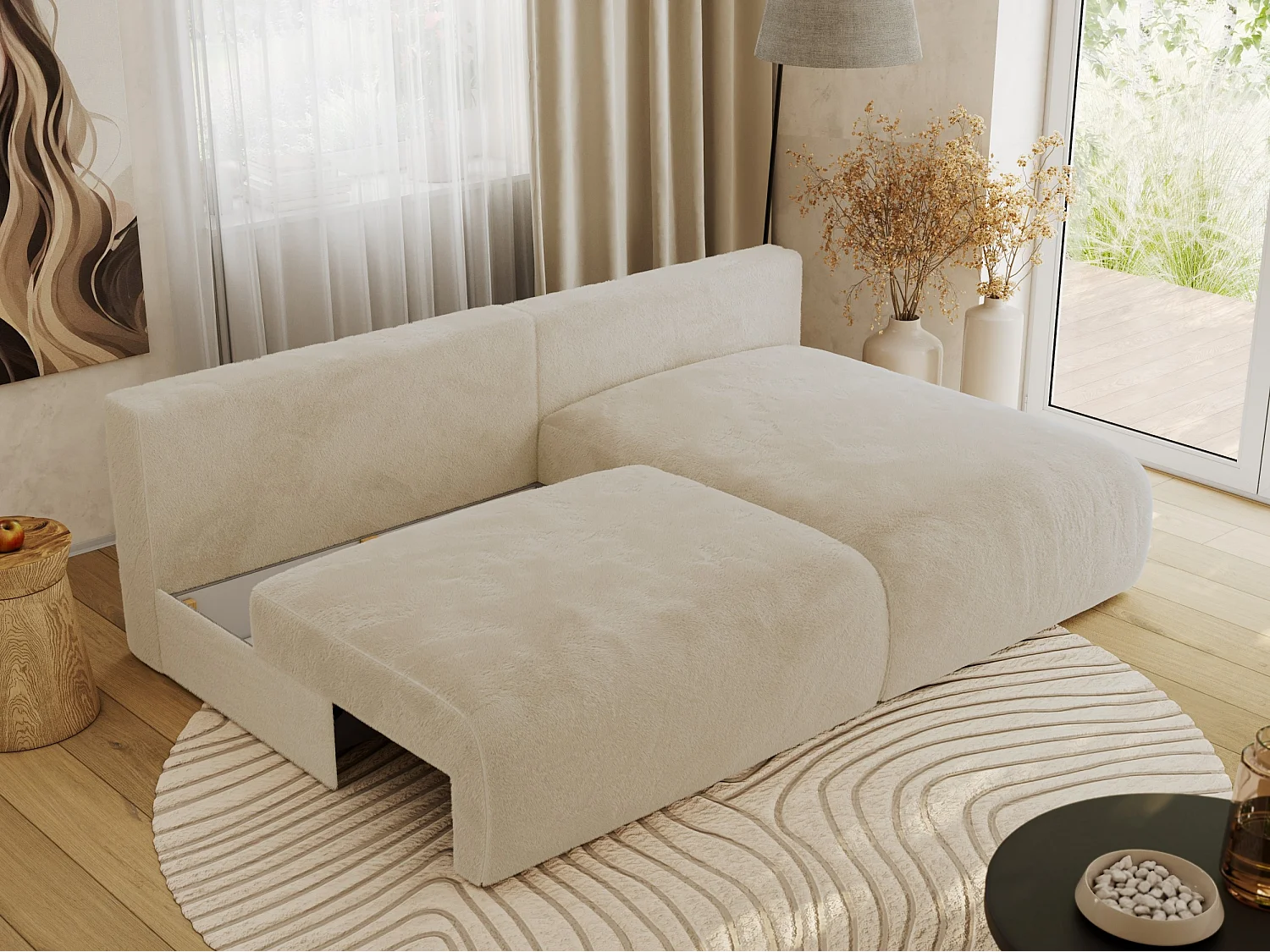 Ecksofa VIVO - L-form Couch mit Schlaffunktion und Bettkasten, Wellenfeder - Creme Plüsch - Ecke Rechts