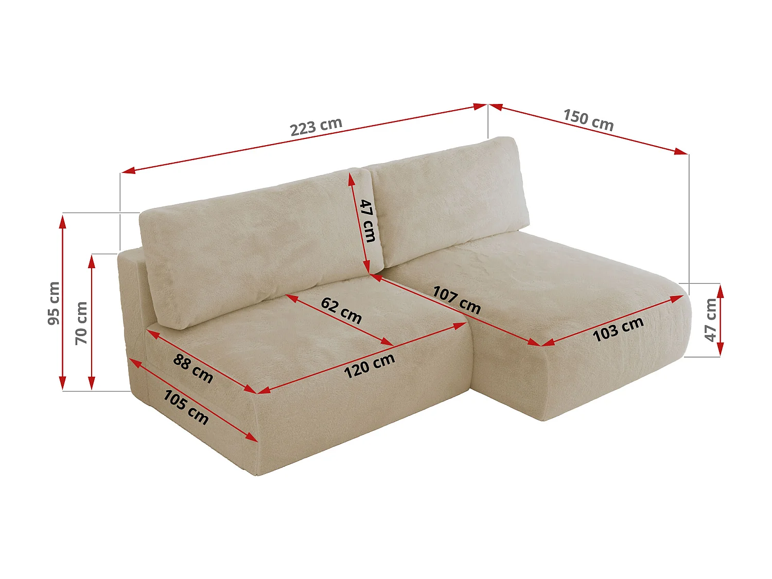 Ecksofa VIVO - L-form Couch mit Schlaffunktion und Bettkasten, Wellenfeder - Creme Plüsch - Ecke Rechts