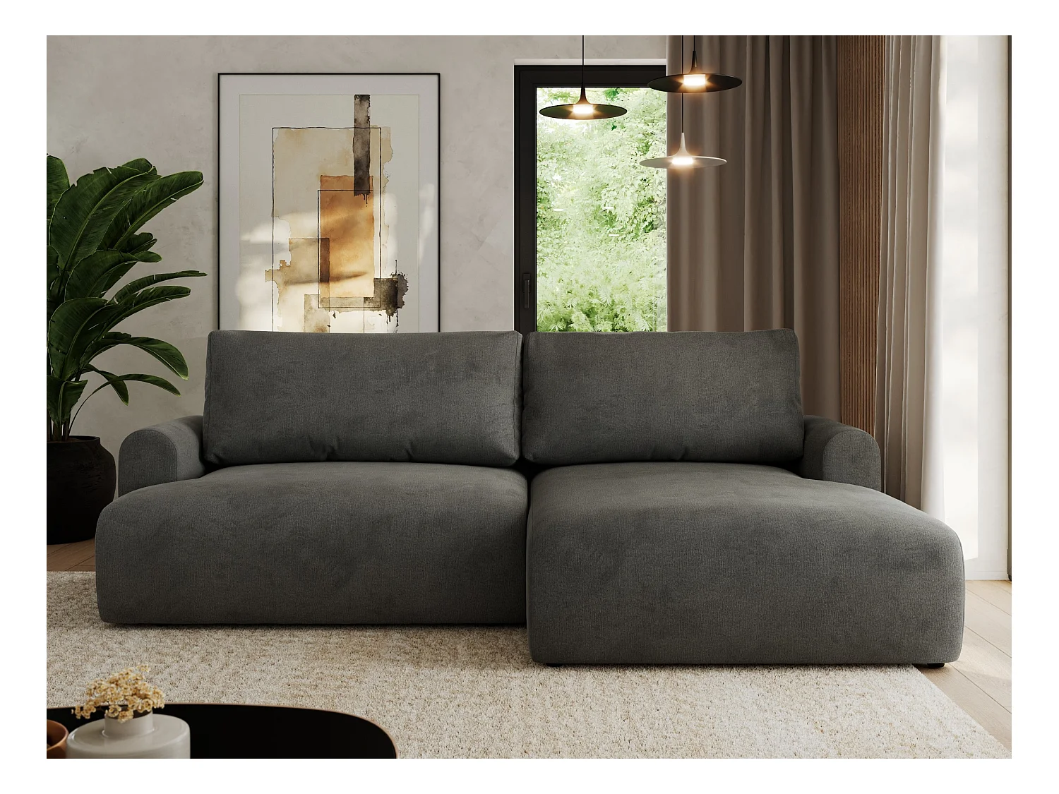 Ecksofa TONO - mit Schlaffunktion und Bettkasten, L-form Ecke, Armlehnen - Dunkelgrau Velvet - Ecke Rechts